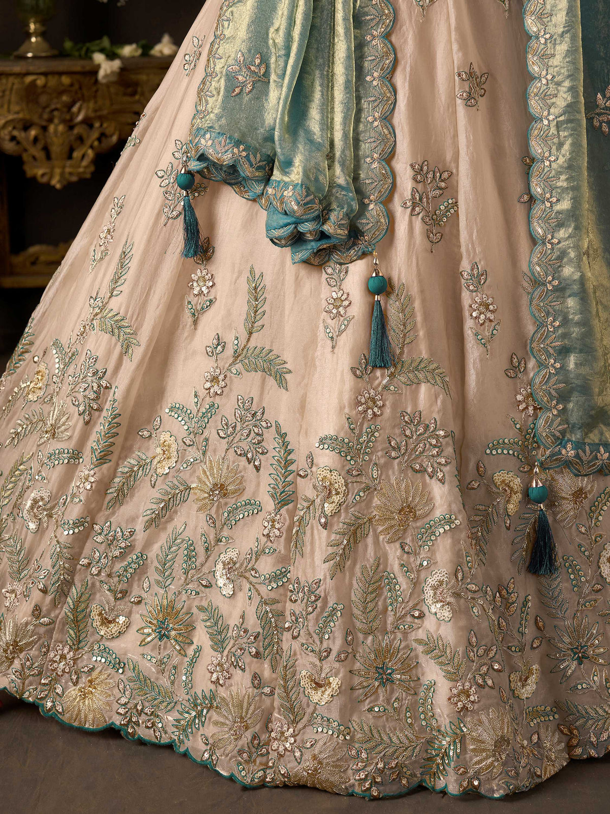 Stunning Cream Embroidered Silk Engagement Wear Lehenga Choli