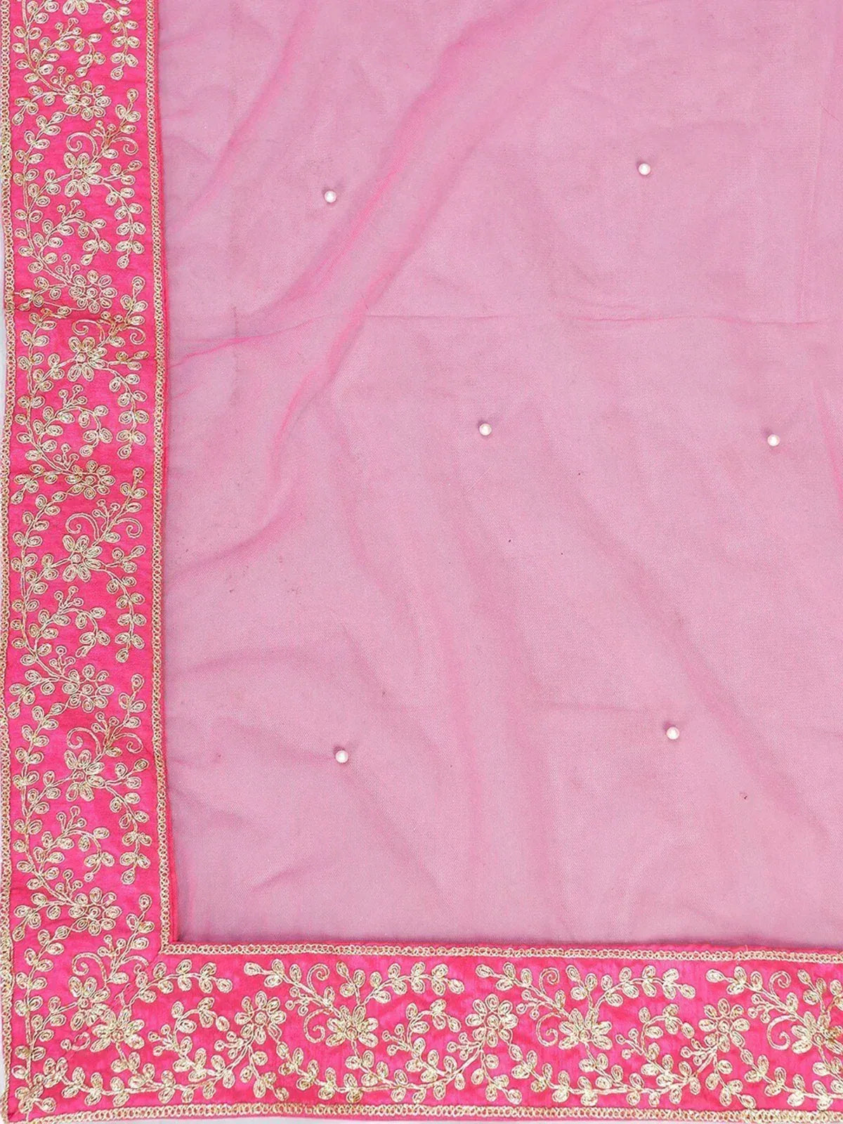 Pink ethnic saree with gold floral embroidery and pearl embellishments