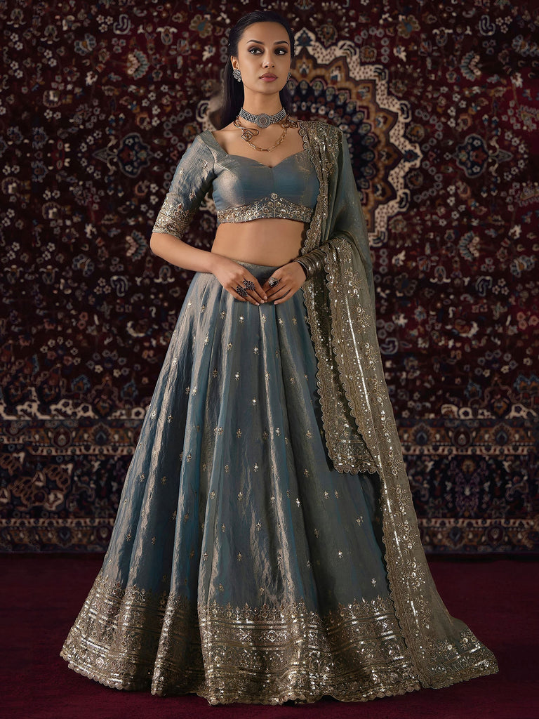Graceful Grey Zari Embroidery Silk Function Wear Lehenga Choli