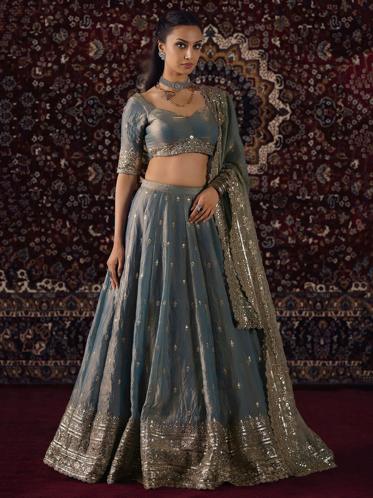 Graceful Grey Zari Embroidery Silk Function Wear Lehenga Choli