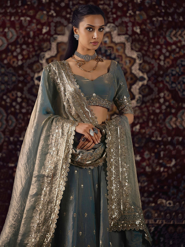 Graceful Grey Zari Embroidery Silk Function Wear Lehenga Choli
