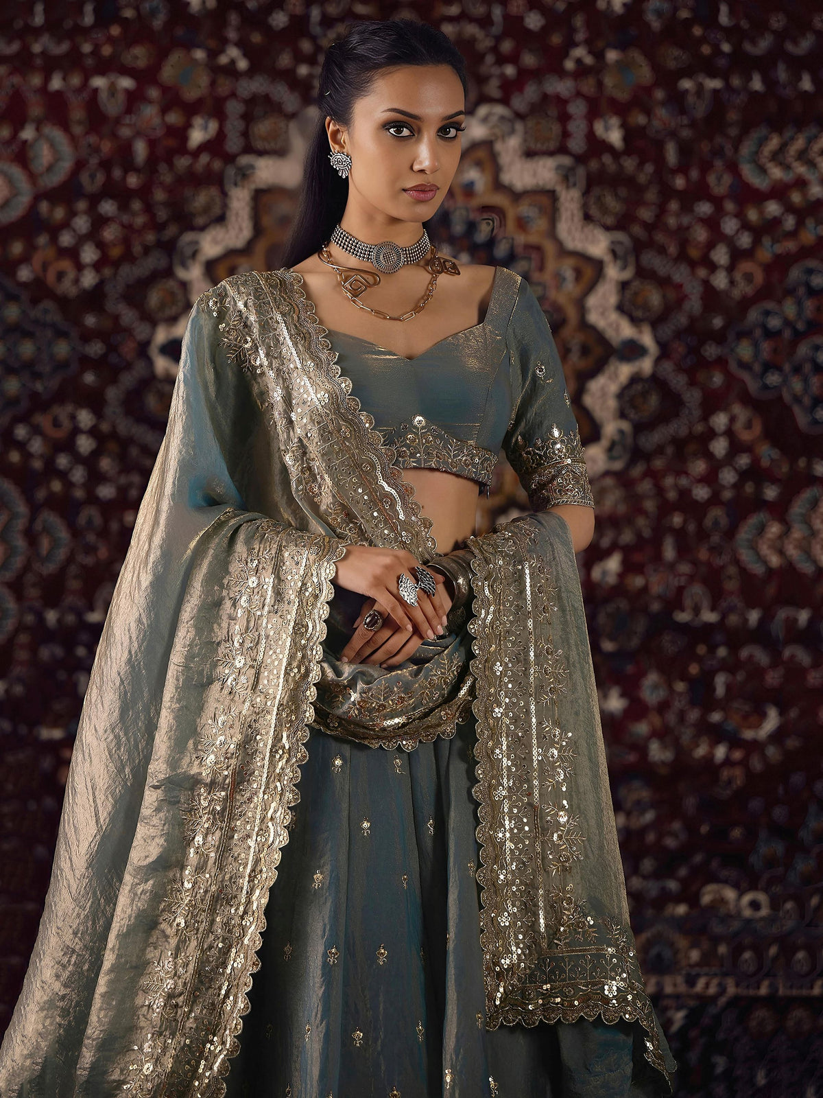 Graceful Grey Zari Embroidery Silk Function Wear Lehenga Choli