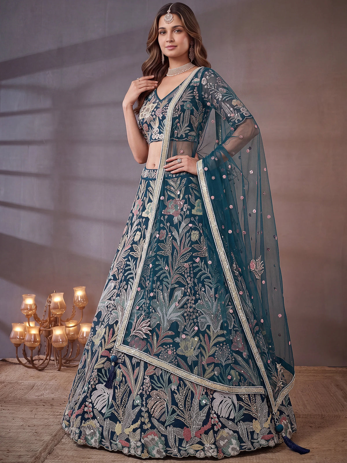 Shiny Blue Thread Work Net Sangeet Wear Lehenga Choli With Dupatta