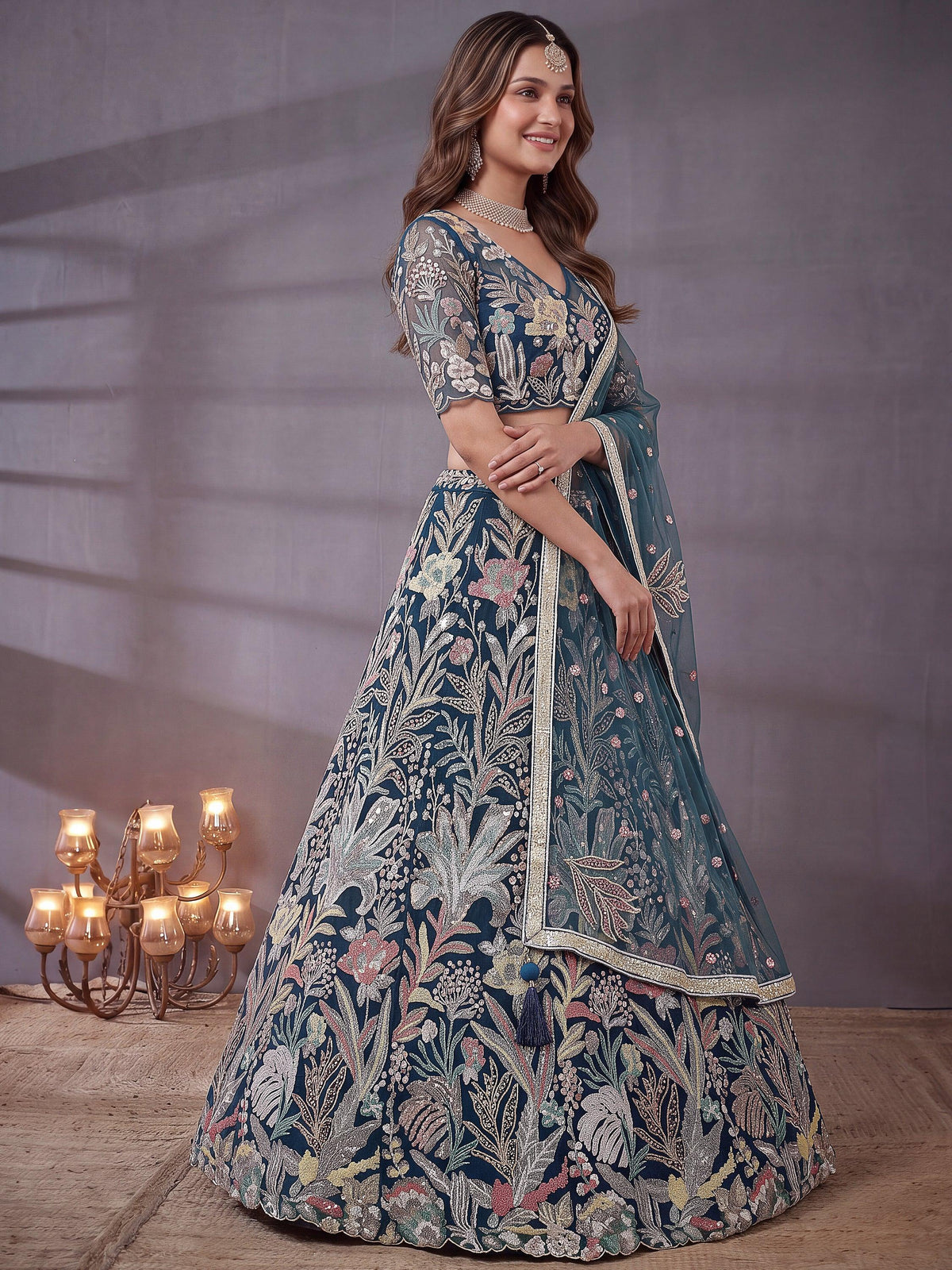 Shiny Blue Thread Work Net Sangeet Wear Lehenga Choli With Dupatta