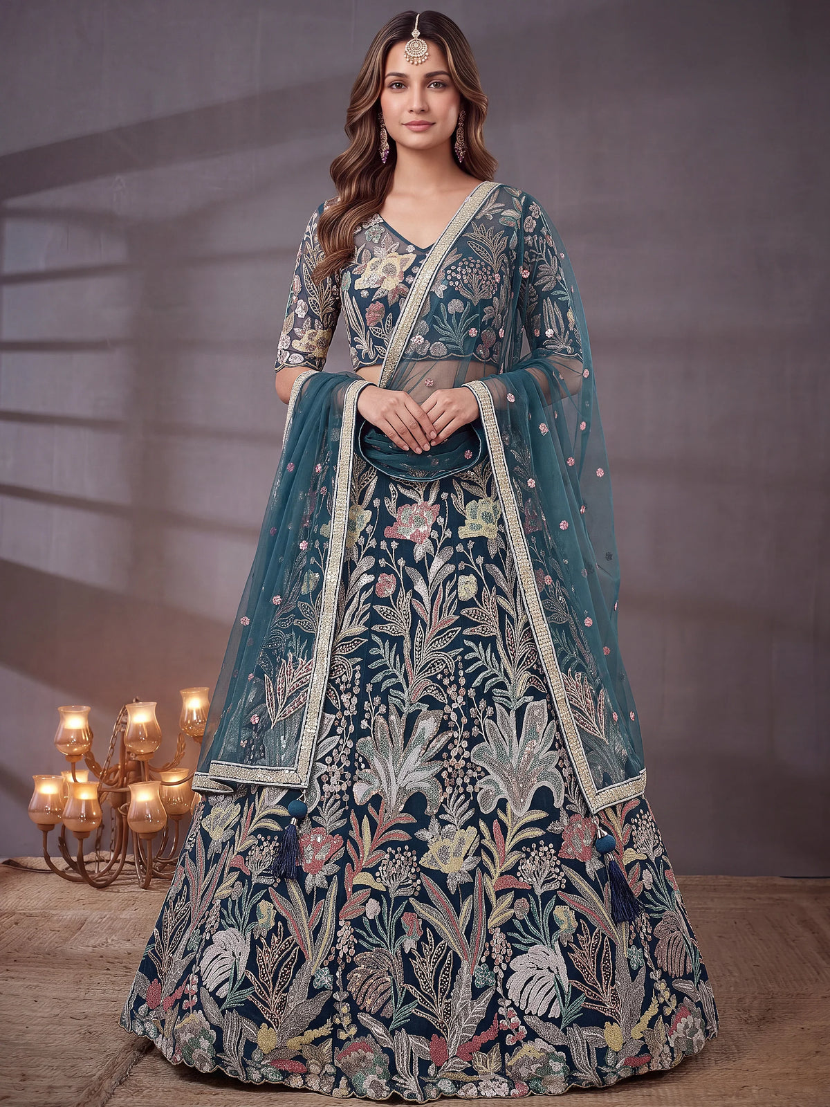 Shiny Blue Thread Work Net Sangeet Wear Lehenga Choli With Dupatta