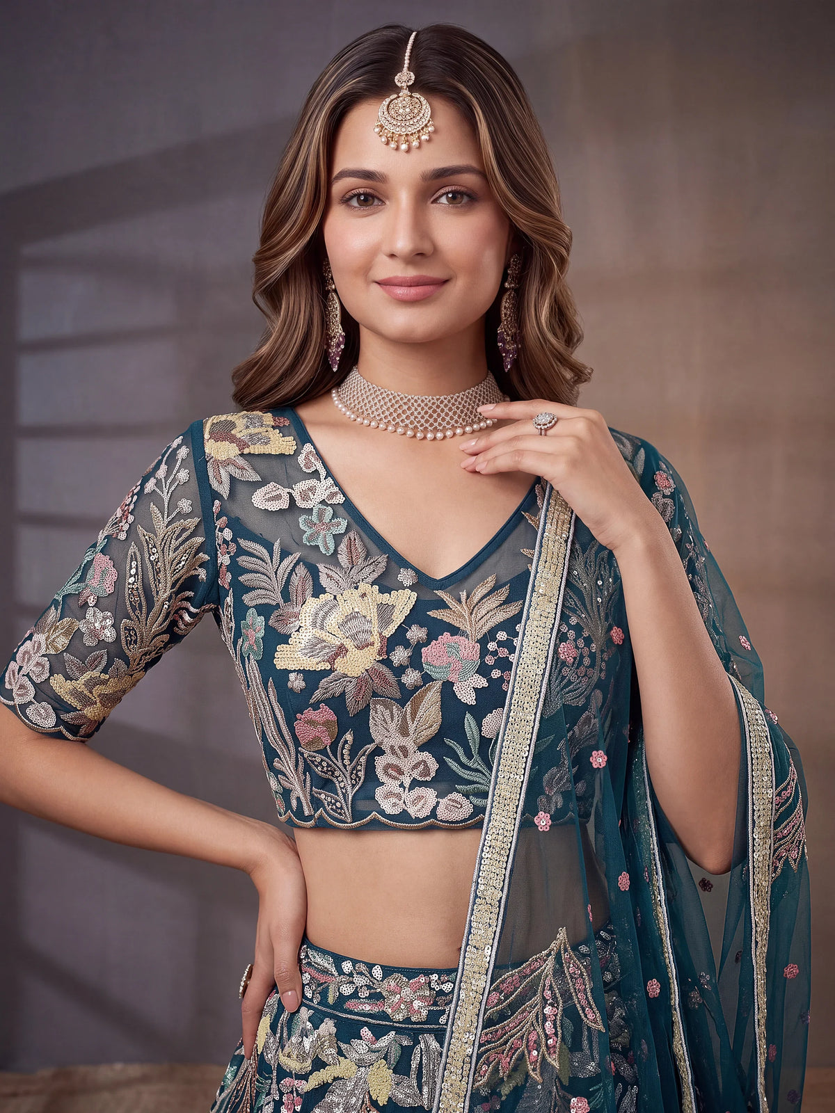 Shiny Blue Thread Work Net Sangeet Wear Lehenga Choli With Dupatta