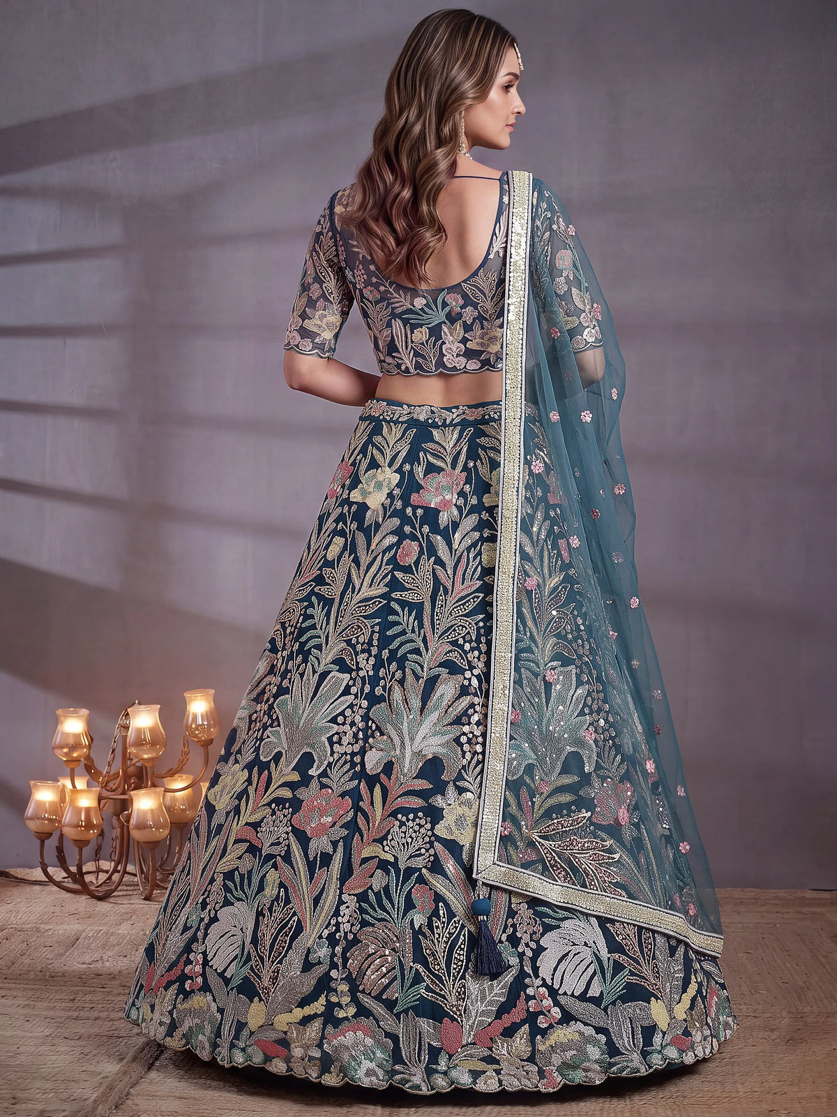 Shiny Blue Thread Work Net Sangeet Wear Lehenga Choli With Dupatta