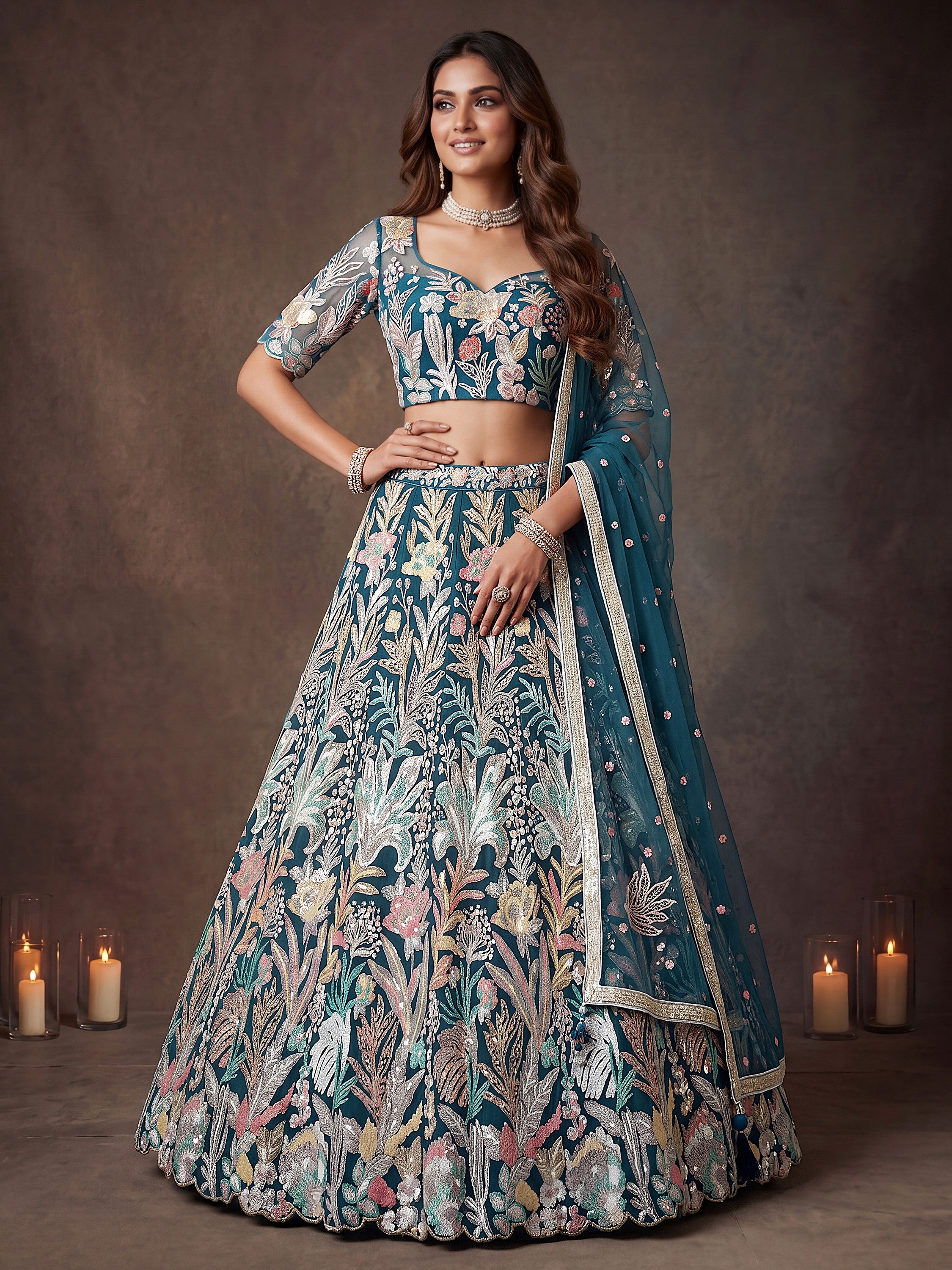 Attractive Blue Sequins Embroidered Net Reception wear Lehenga Choli