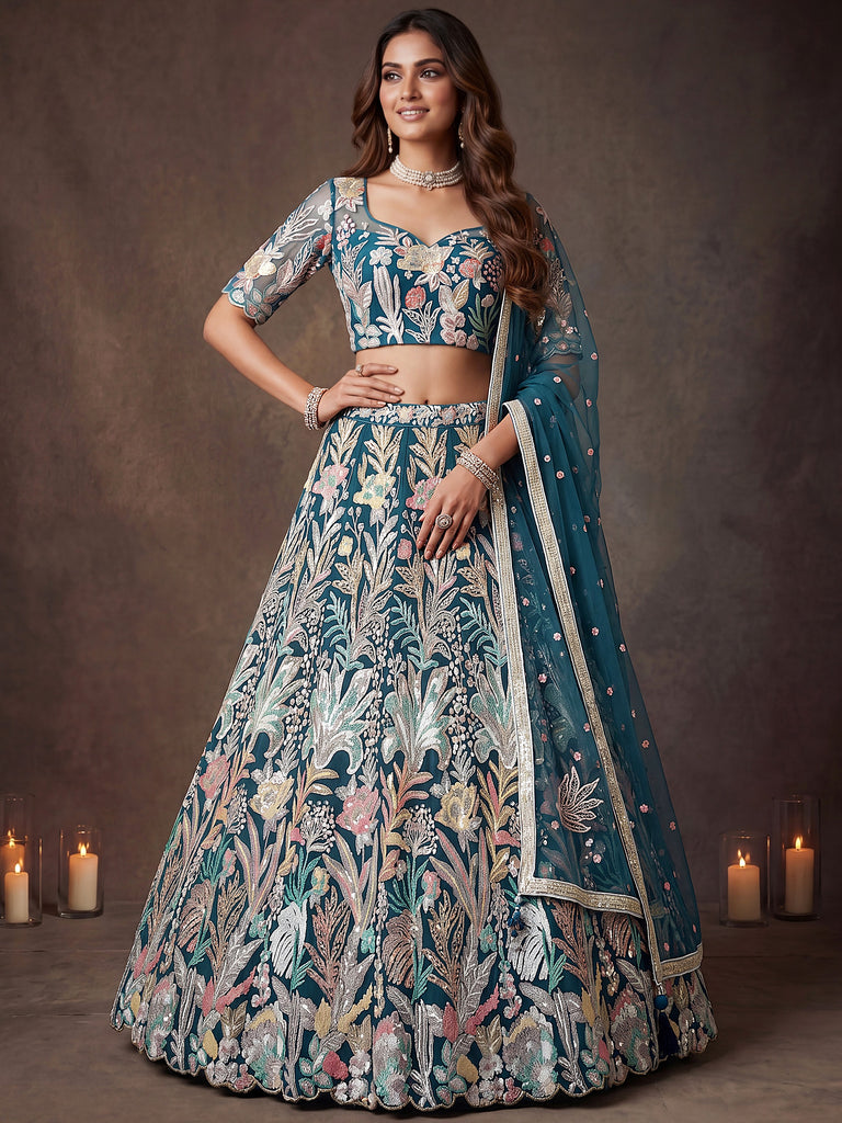 Enchanting Blue Sequins Net Reception Wear Plus Size Lehenga Choli