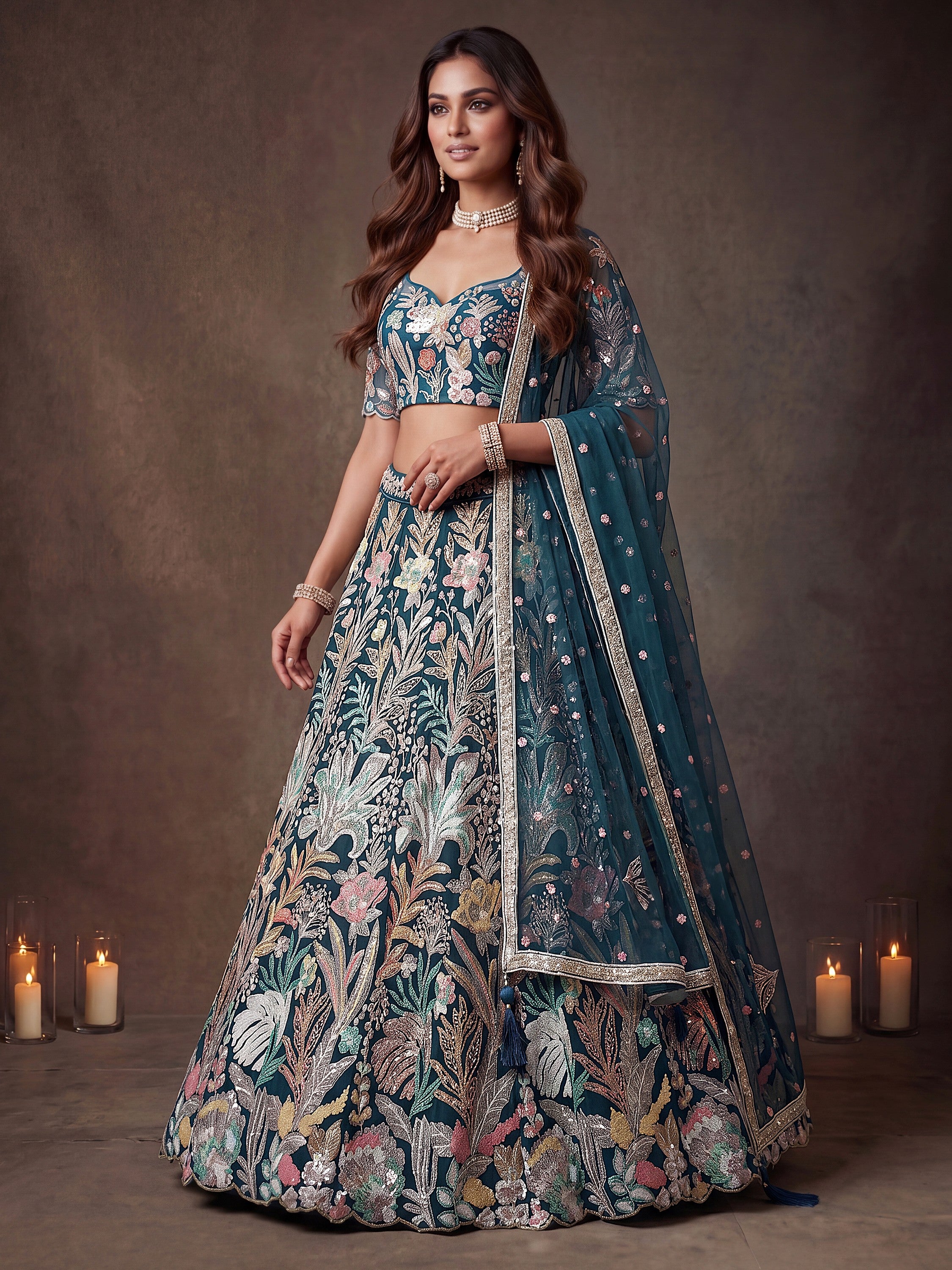 Attractive Blue Sequins Embroidered Net Reception wear Lehenga Choli