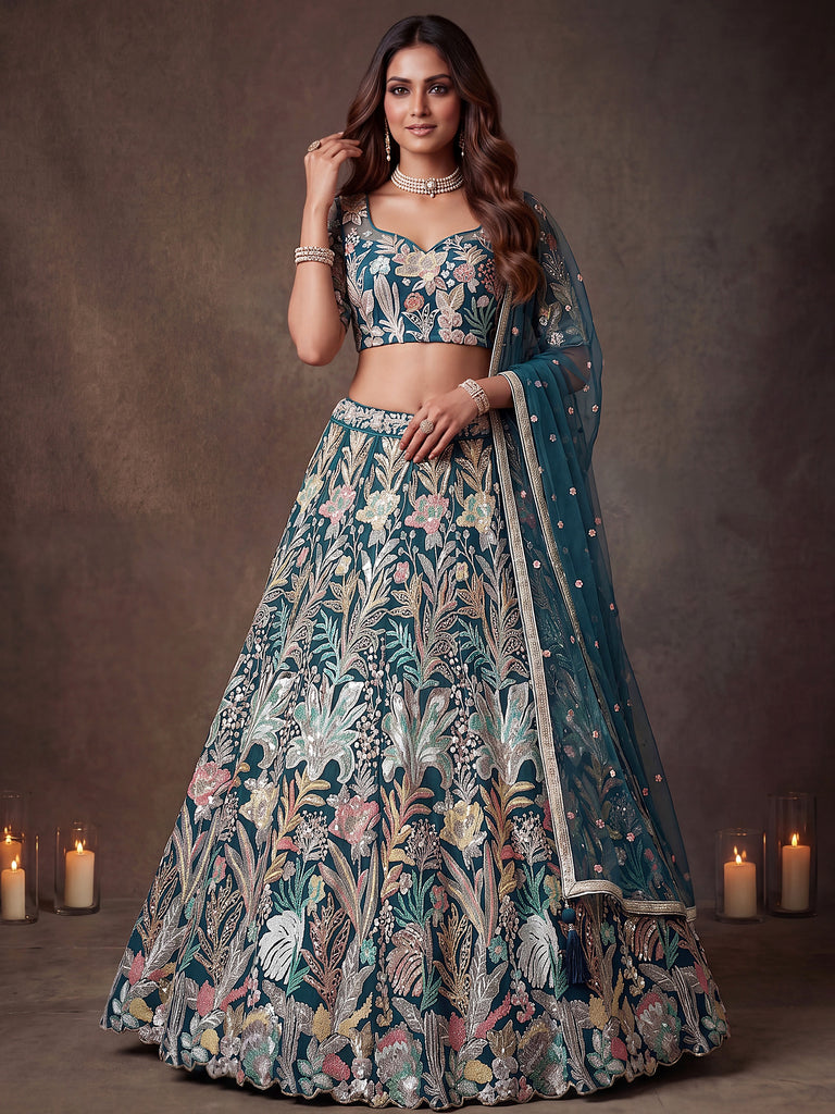 Enchanting Blue Sequins Net Reception Wear Plus Size Lehenga Choli