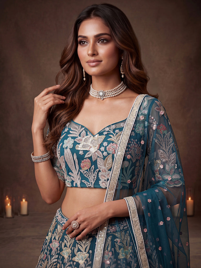 Enchanting Blue Sequins Net Reception Wear Plus Size Lehenga Choli