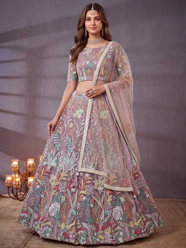 Fantastic Lavender Sequins Net Engagement Wear Lehenga Choli