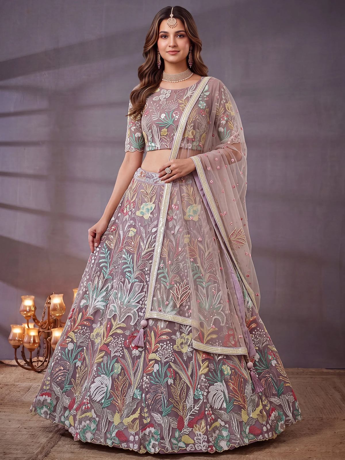 Fantastic Lavender Sequins Net Engagement Wear Lehenga Choli