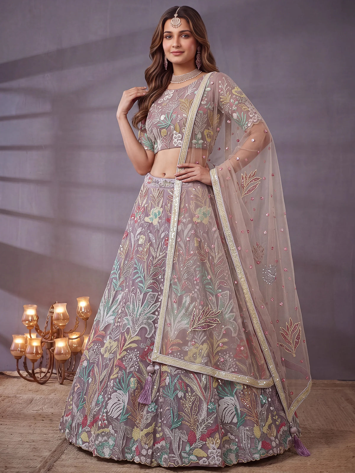 Fantastic Lavender Sequins Net Engagement Wear Lehenga Choli
