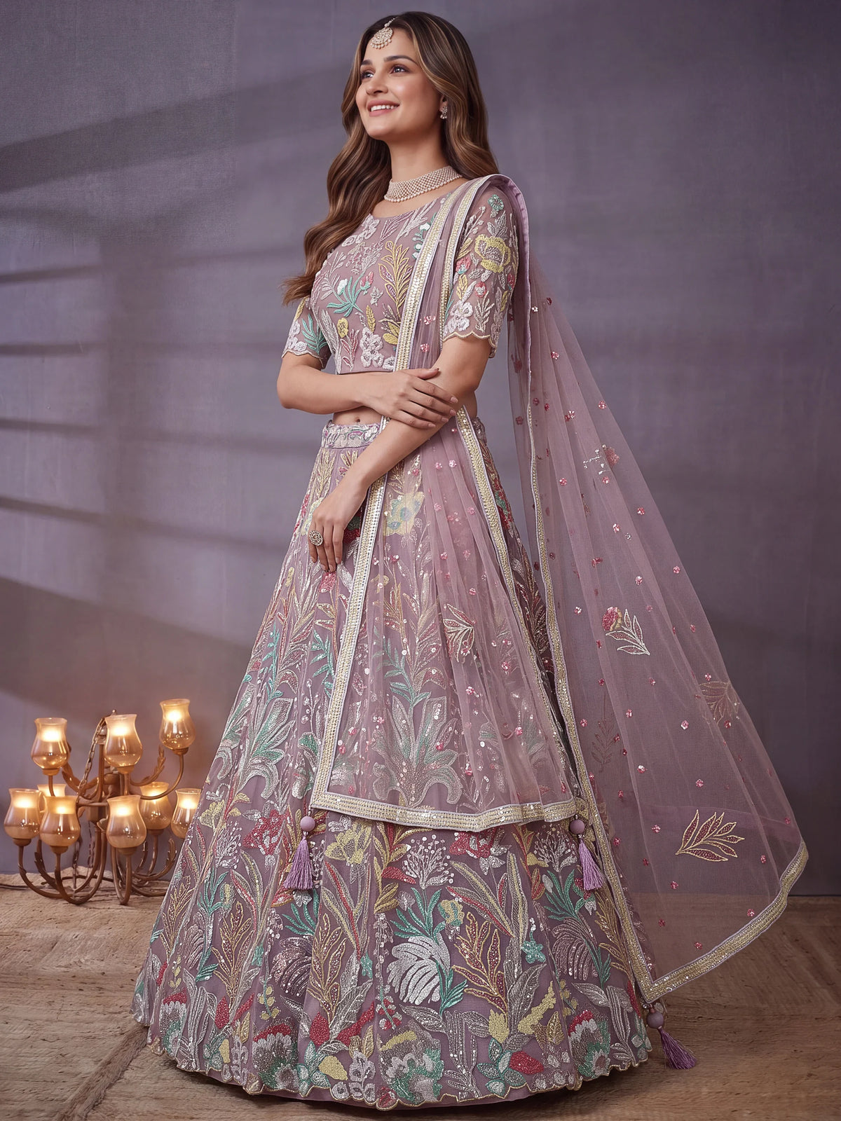 Fantastic Lavender Sequins Net Engagement Wear Lehenga Choli
