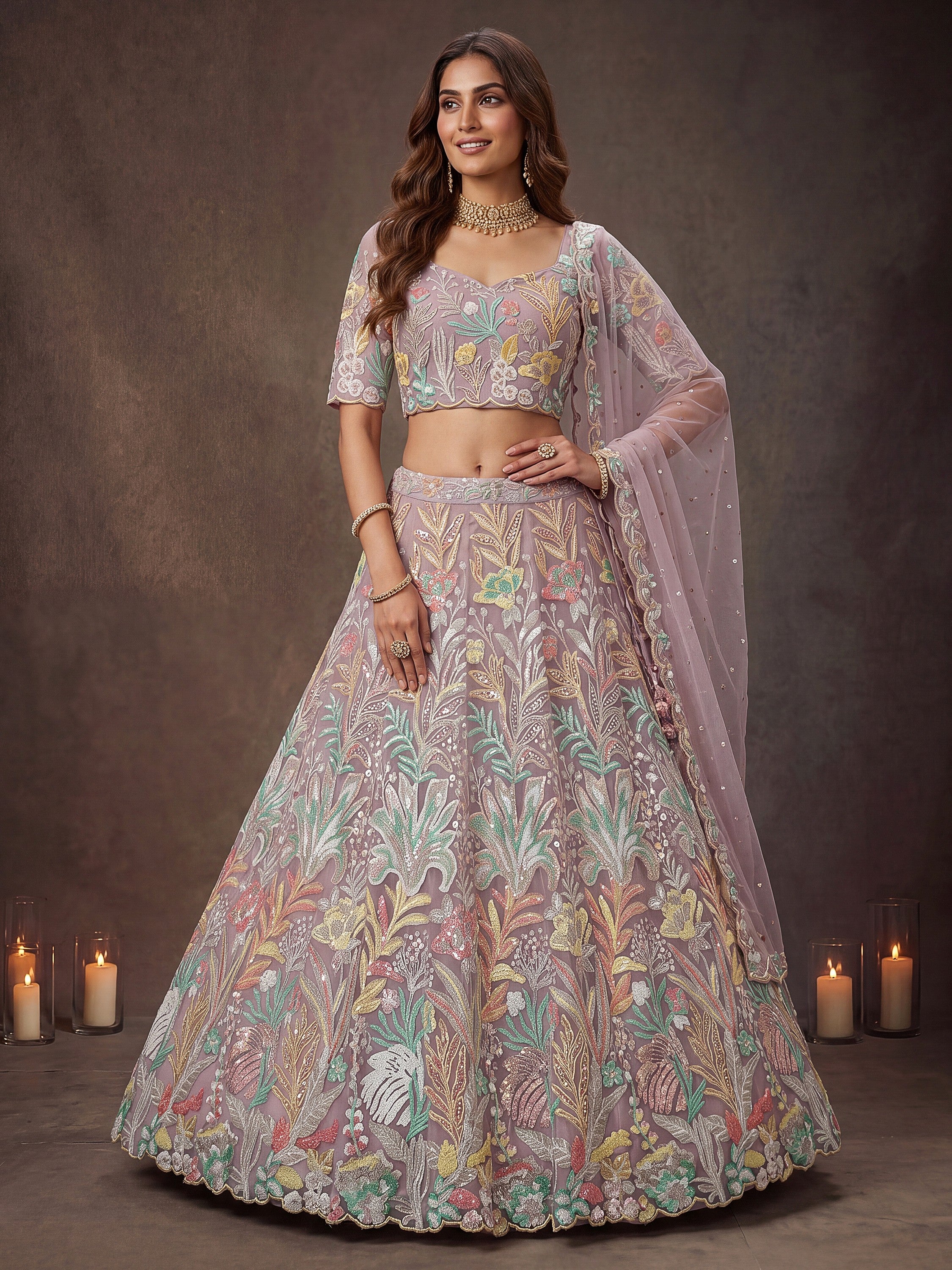 Dazzling Lavender Sequins Art Soft Net Reception Wear Lehenga Choli