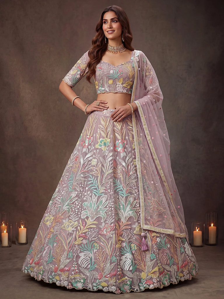 Dazzling Lavender Sequins Net  Wedding Wear Lehenga Choli