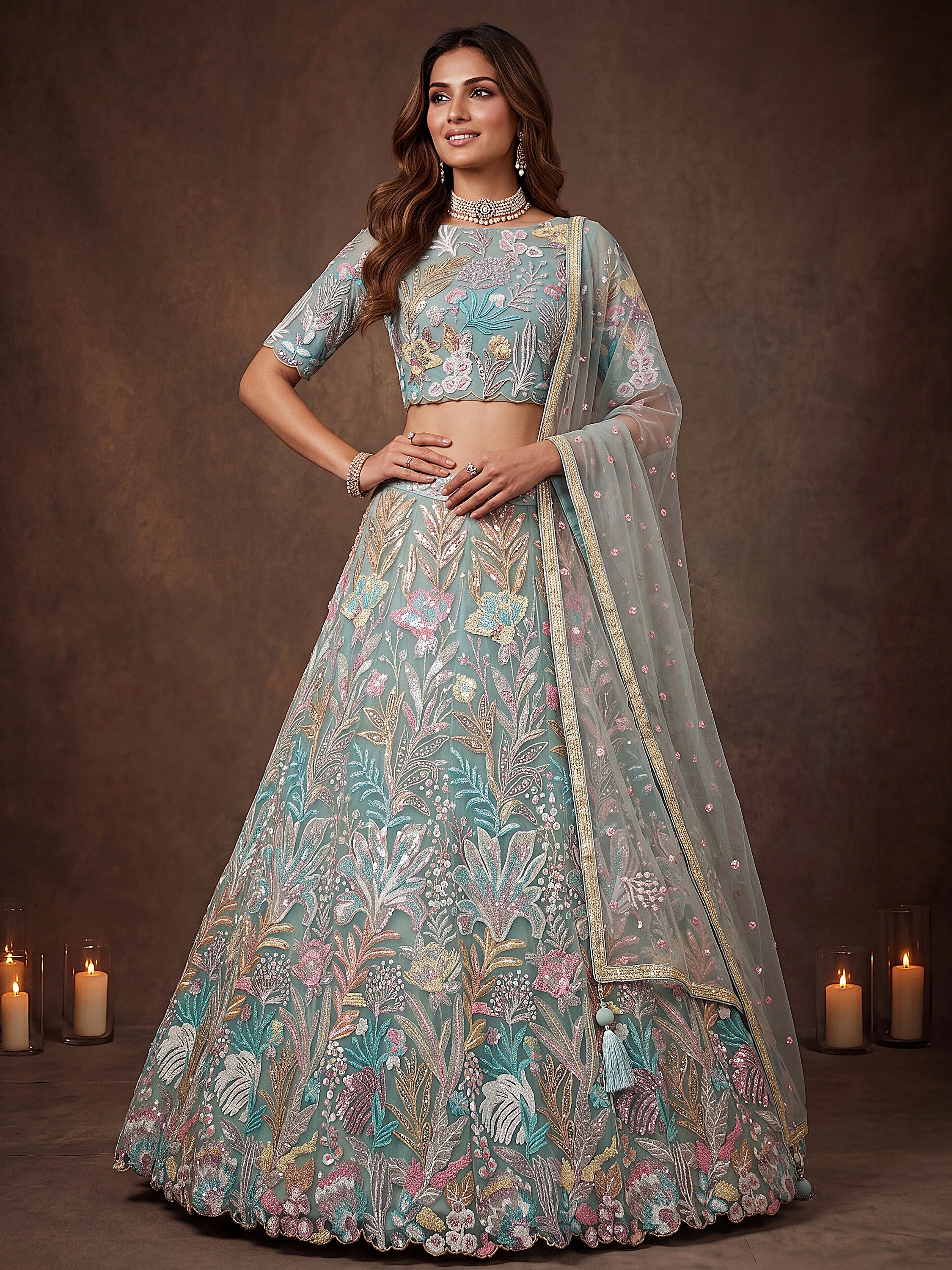 Sparkling Pista Green Sequins Art Net Reception Wear Lehenga Choli