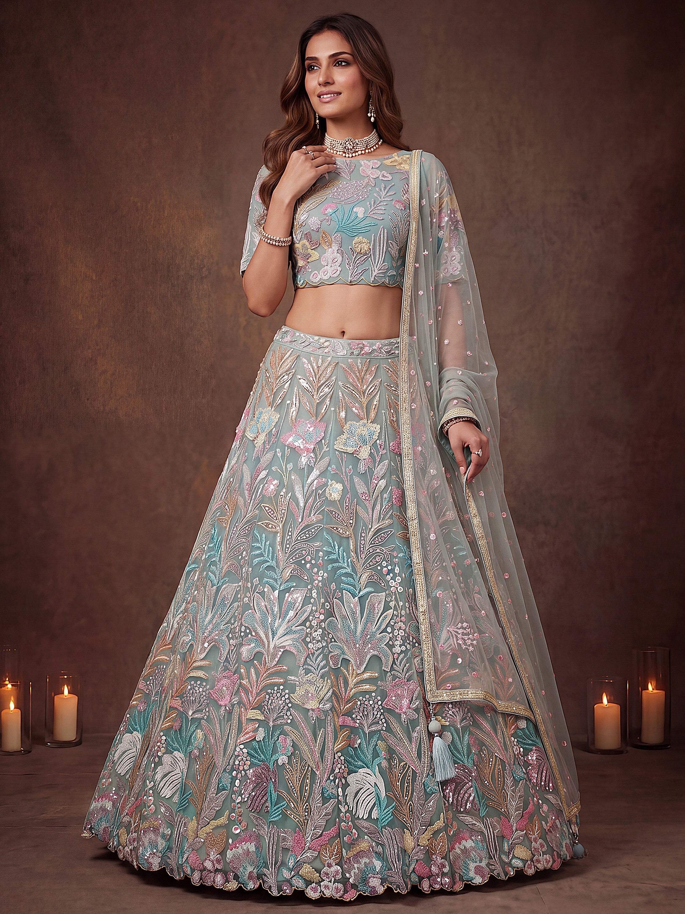 Sparkling Pista Green Sequins Art Net Reception Wear Lehenga Choli