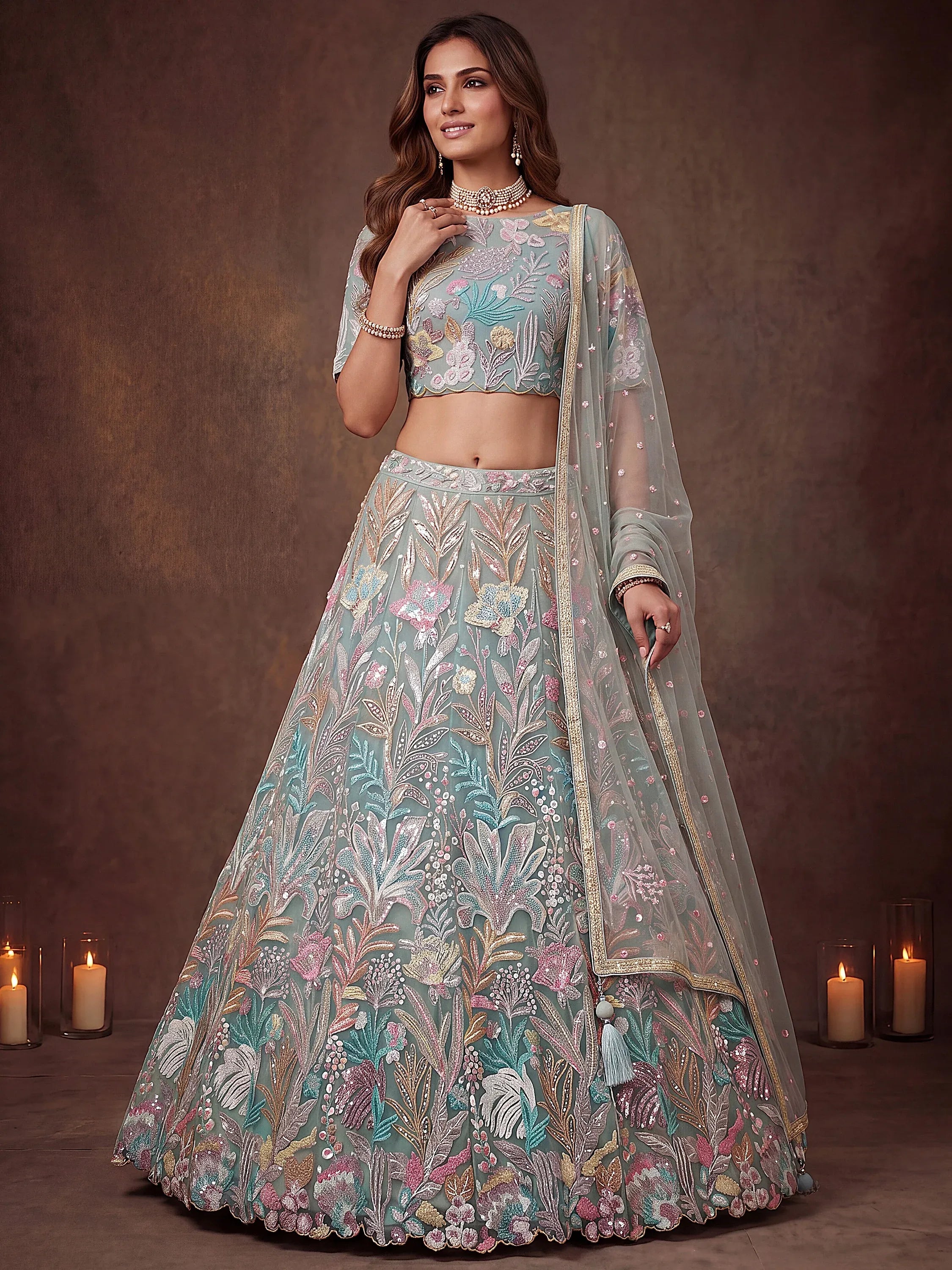 Adoring Pista Green Sequins Net Wedding Wear Plus Size Lehenga Choli