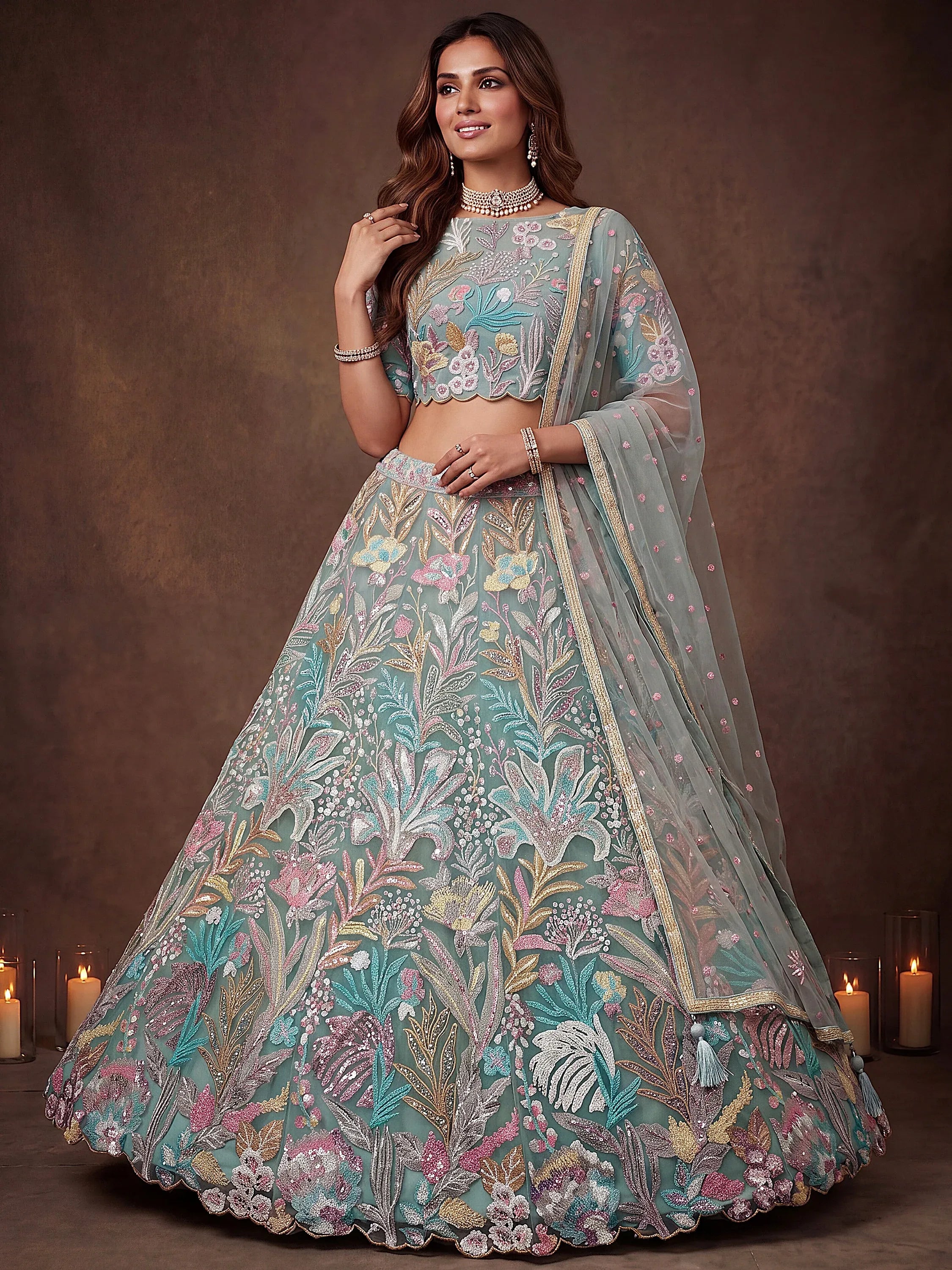 Adoring Pista Green Sequins Net Wedding Wear Plus Size Lehenga Choli