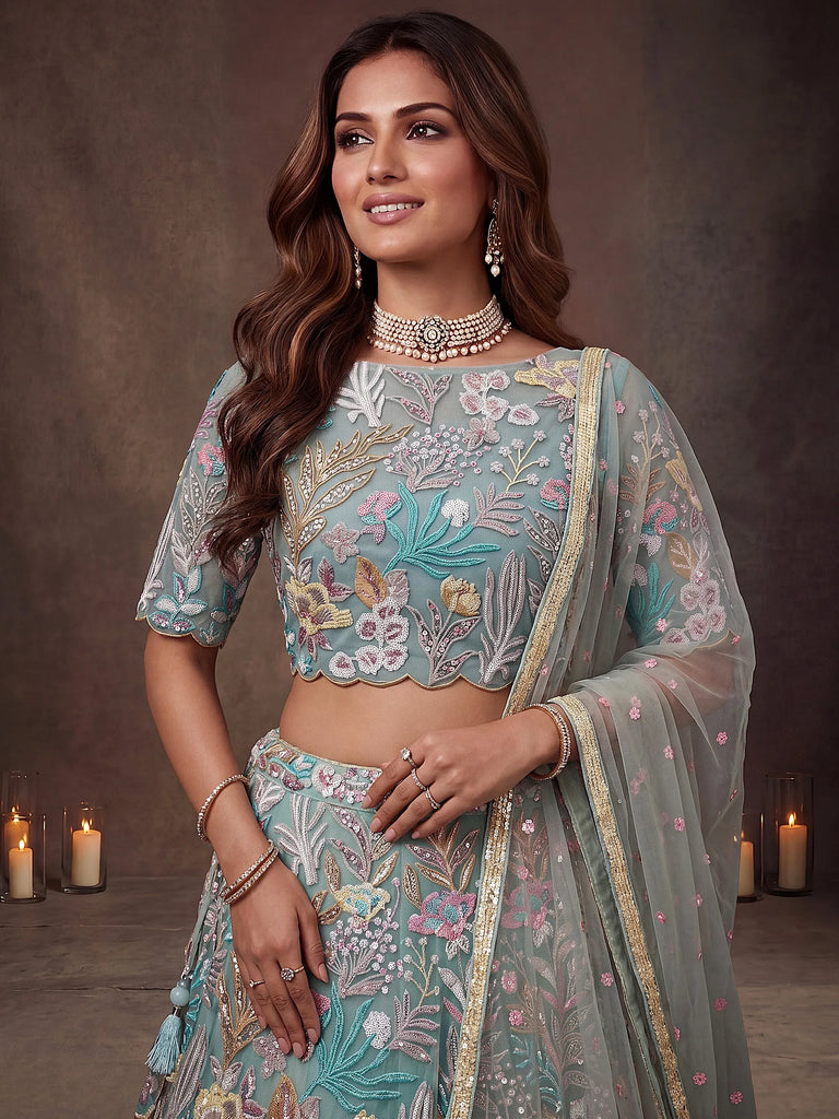 Adoring Pista Green Sequins Net Wedding Wear Plus Size Lehenga Choli