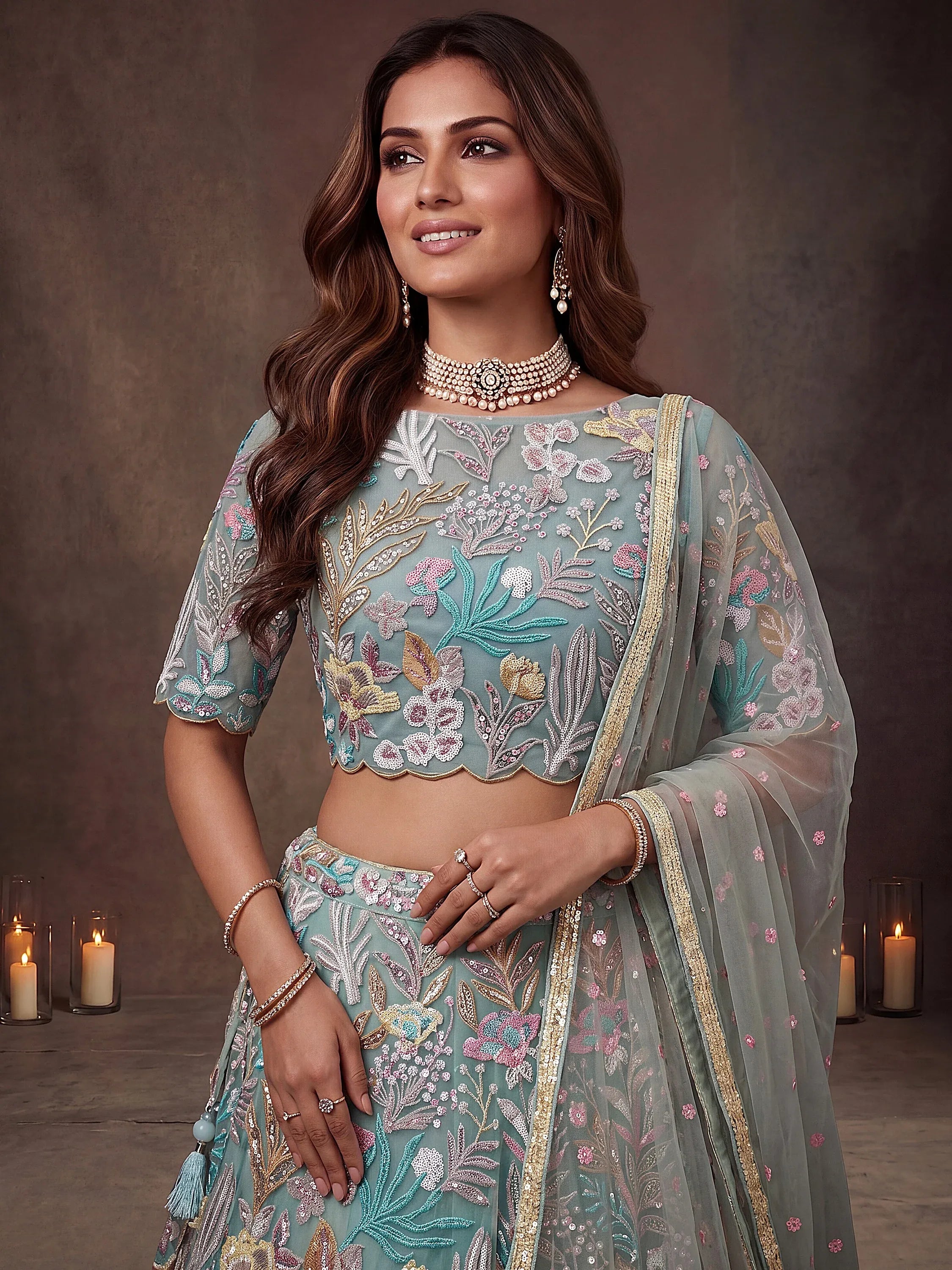 Adoring Pista Green Sequins Net Wedding Wear Plus Size Lehenga Choli