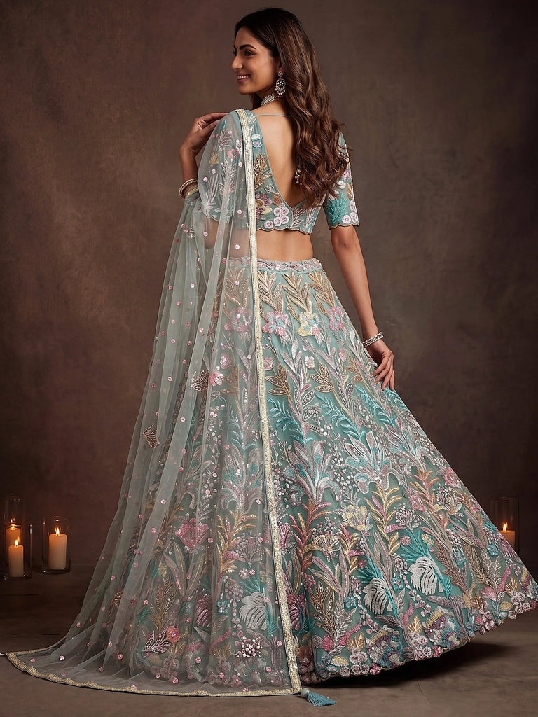 Adoring Pista Green Sequins Net Wedding Wear Plus Size Lehenga Choli