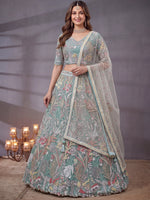 Notable Sky Blue Floral Embroidery Net Wedding Wear Lehenga With Blouse