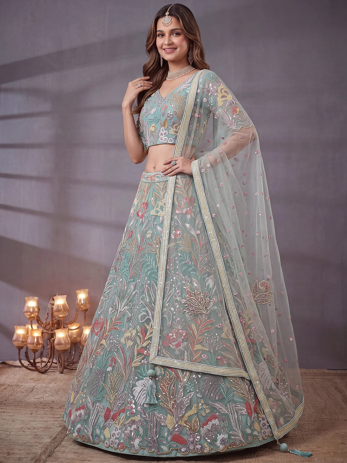 Notable Sky Blue Floral Embroidery Net Wedding Wear Lehenga With Blouse