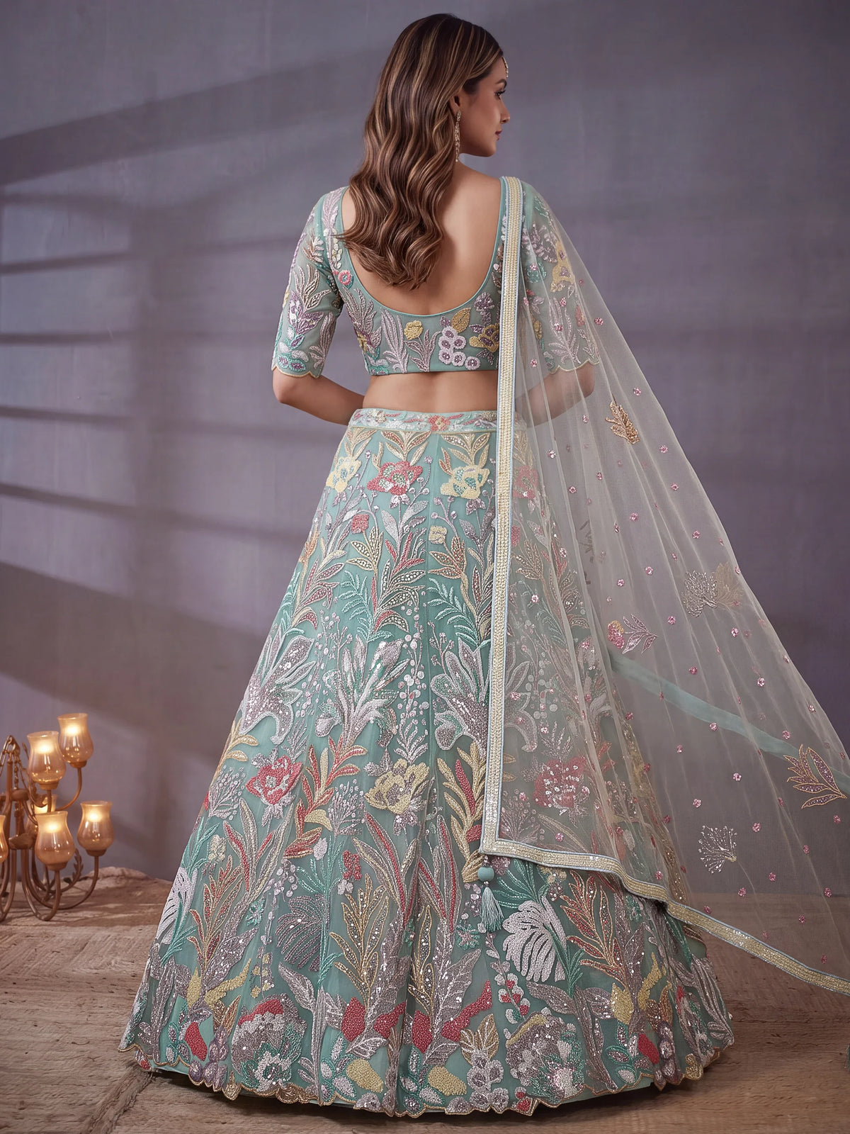 Notable Sky Blue Floral Embroidery Net Wedding Wear Lehenga With Blouse