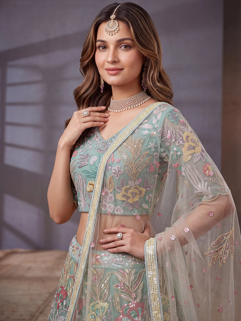 Notable Sky Blue Floral Embroidery Net Wedding Wear Lehenga With Blouse