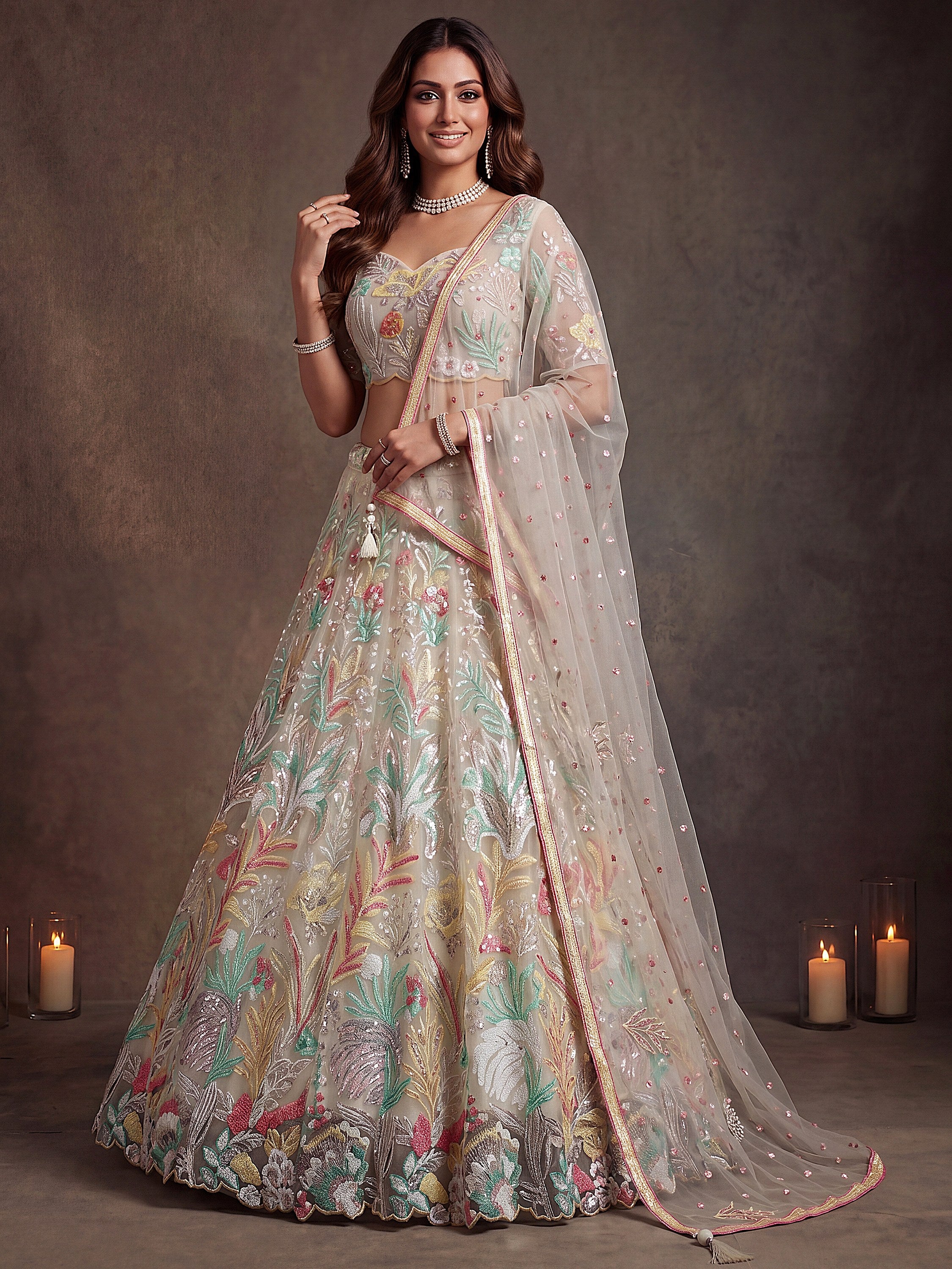 Glowing Off-White Sequins Net Engagement Wear Plus Size Lehenga Choli