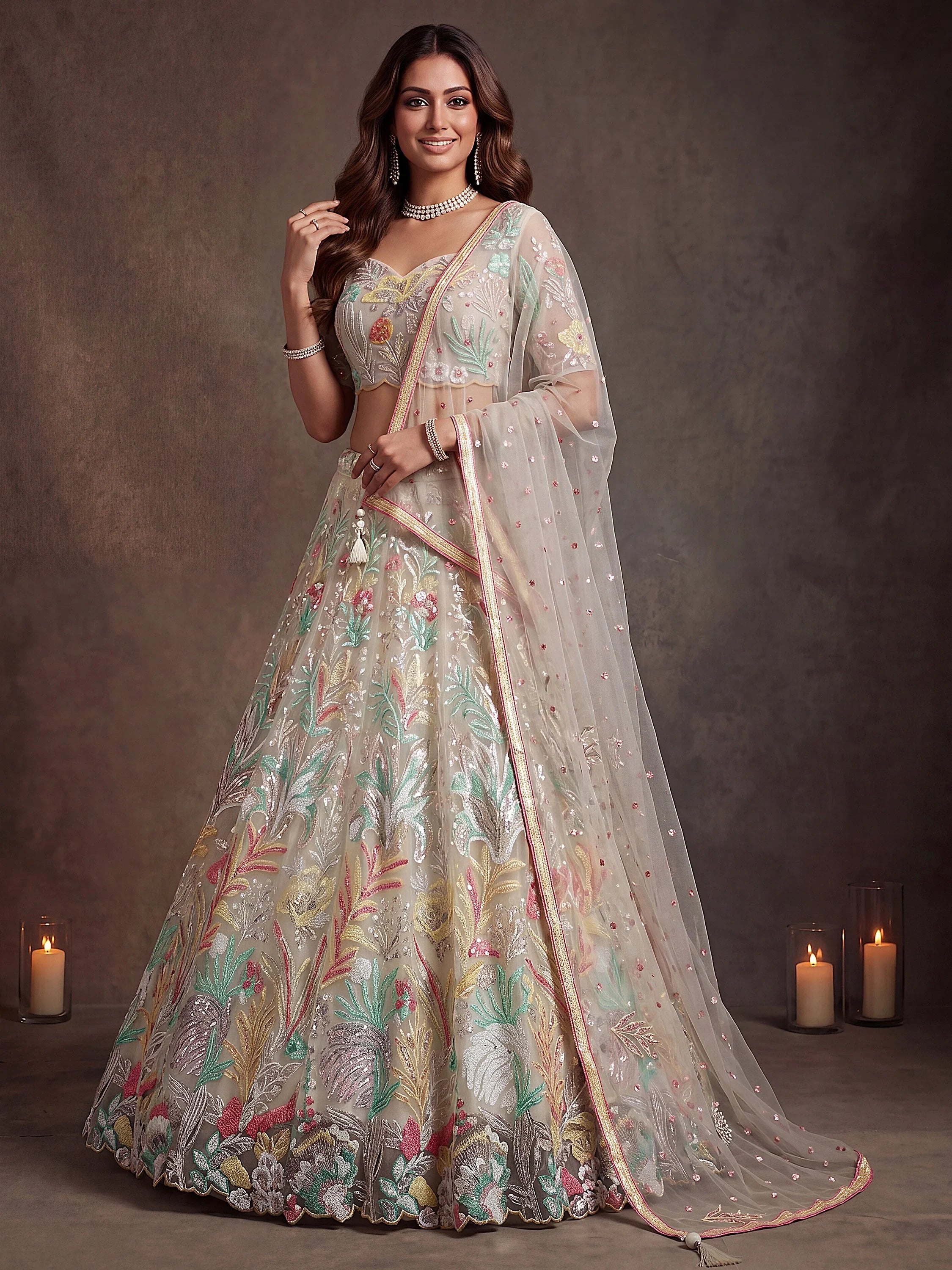 Majestic Off-White Sequins Net Party Wear Lehenga Choli