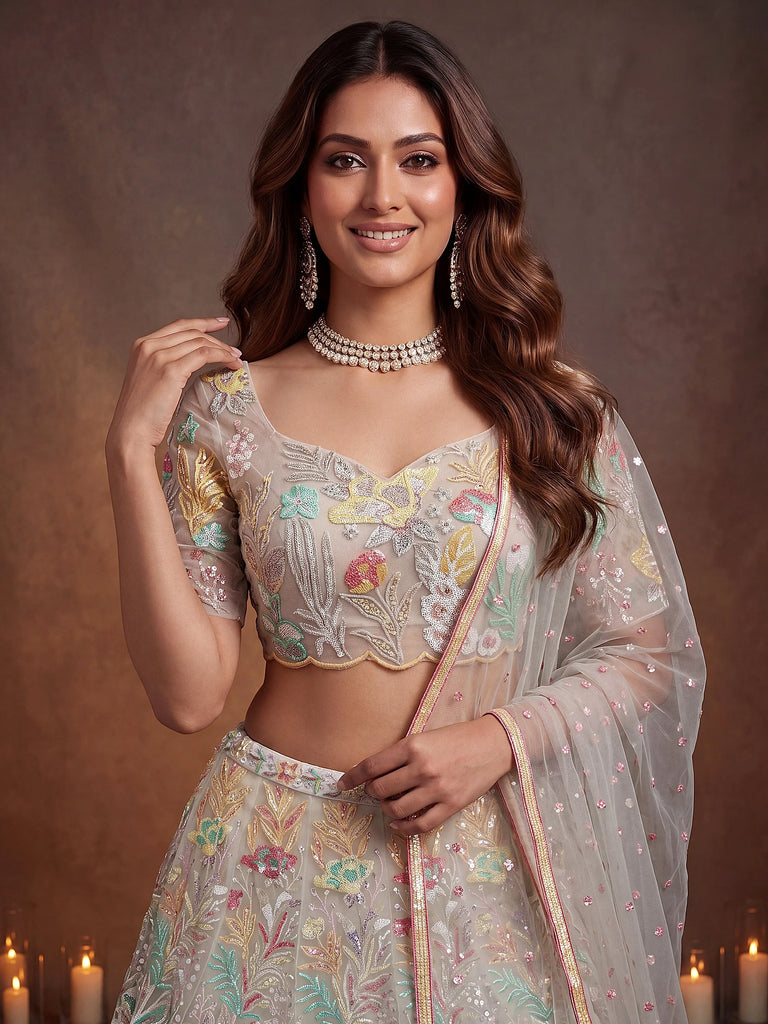 Majestic Off-White Sequins Net Party Wear Lehenga Choli
