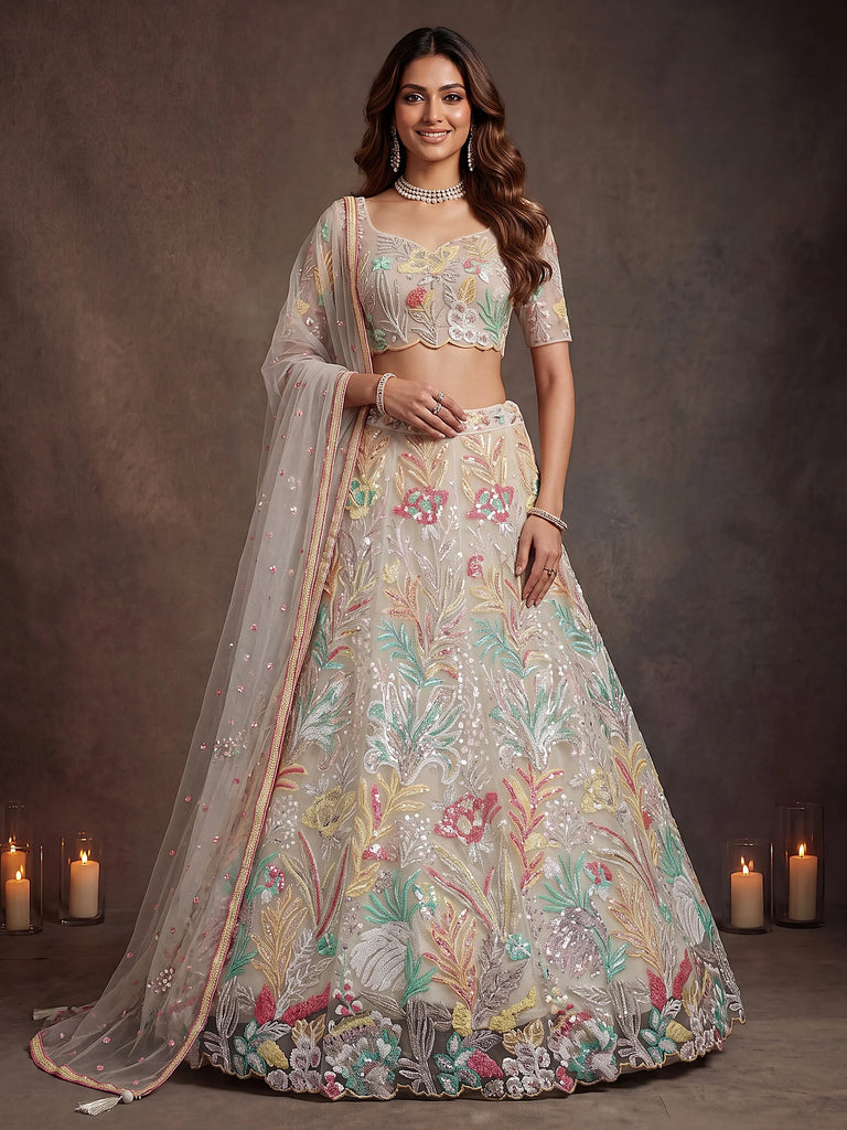 Majestic Off-White Sequins Net Party Wear Lehenga Choli