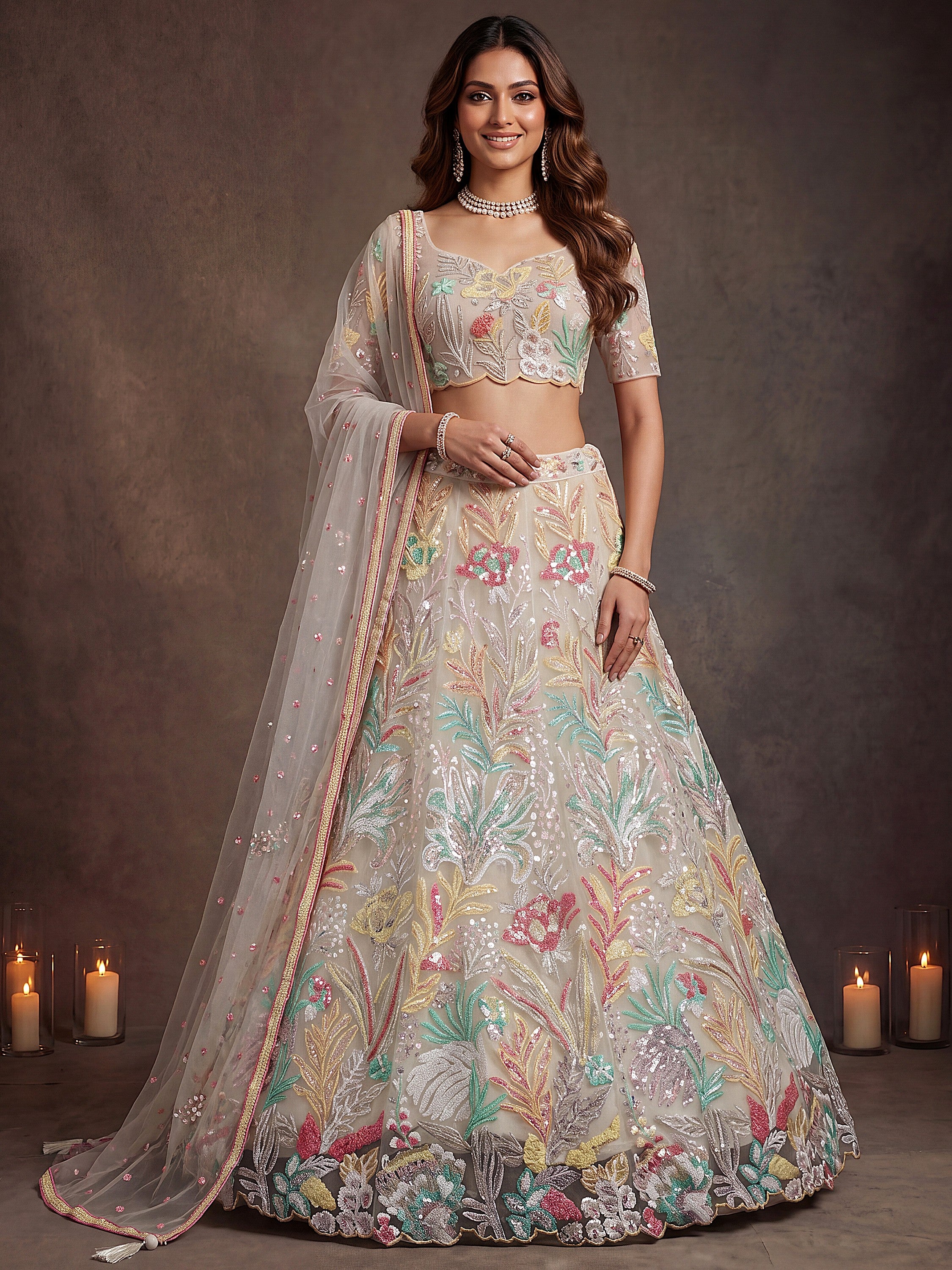 Glowing Off-White Sequins Net Engagement Wear Plus Size Lehenga Choli