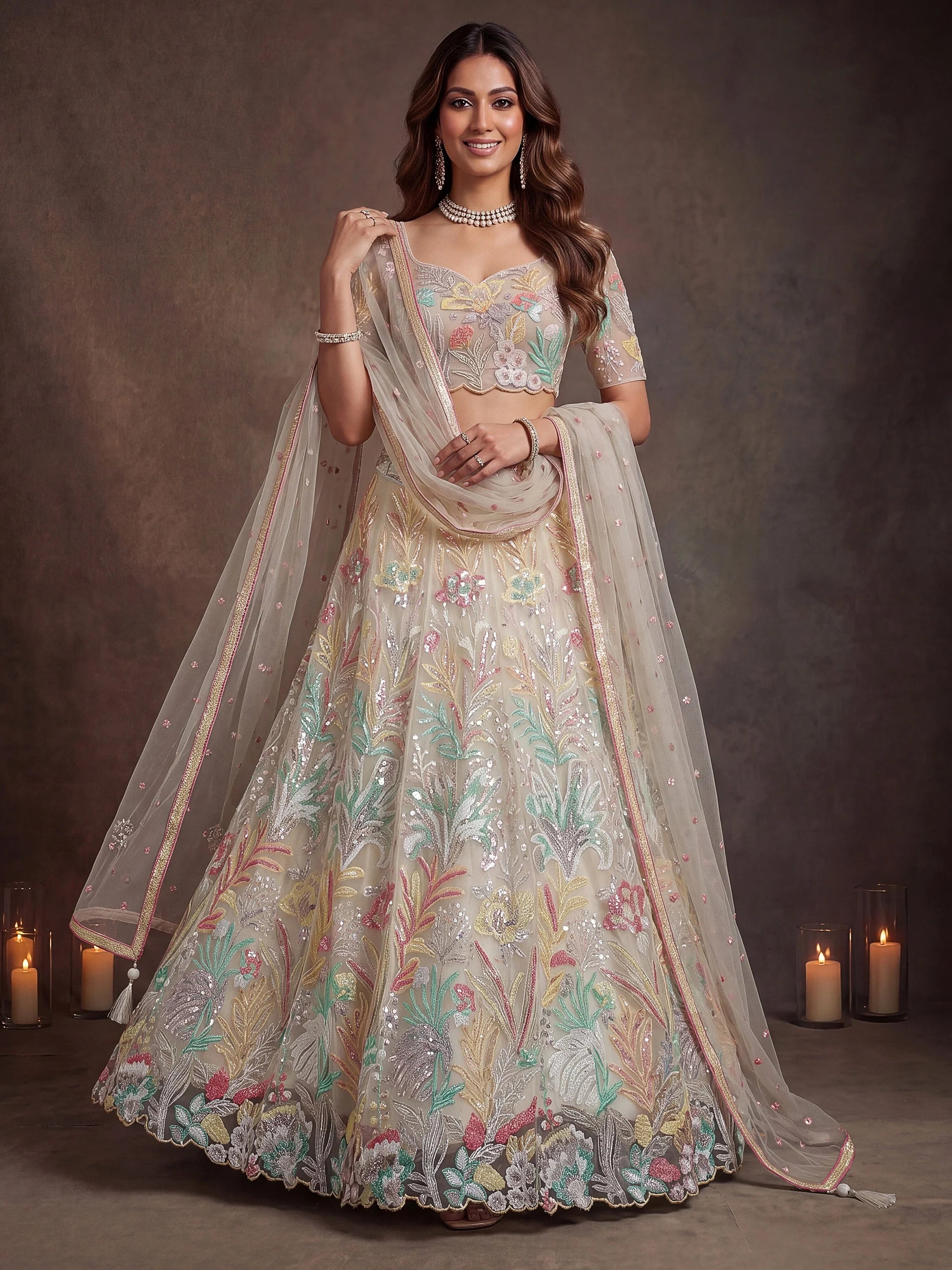 Majestic Off-White Sequins Net Reception Wear Lehenga Choli