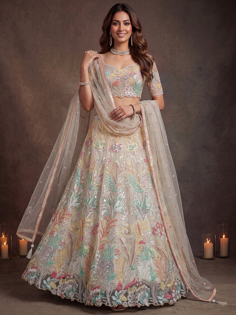 Glowing Off-White Sequins Net Engagement Wear Plus Size Lehenga Choli