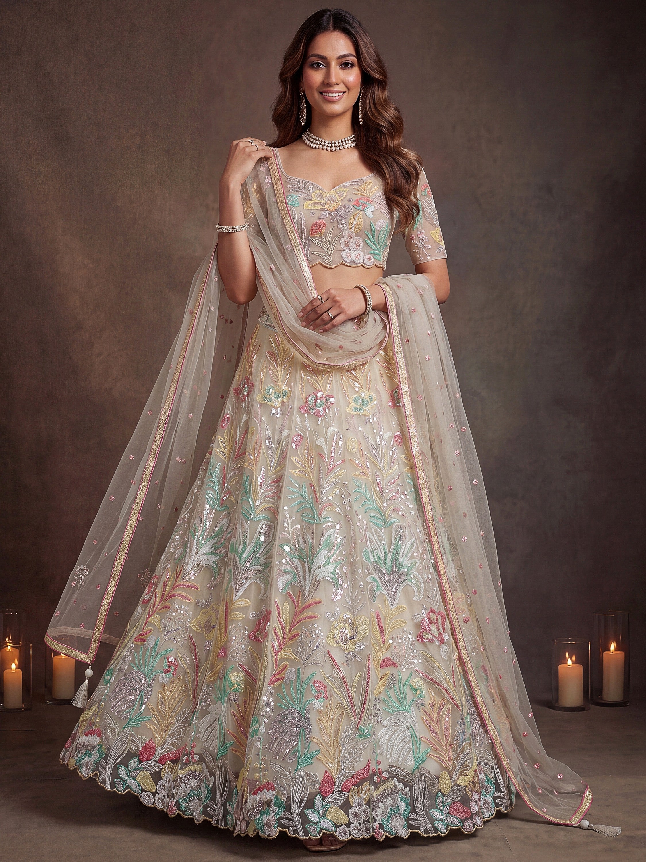 Glowing Off-White Sequins Net Engagement Wear Plus Size Lehenga Choli