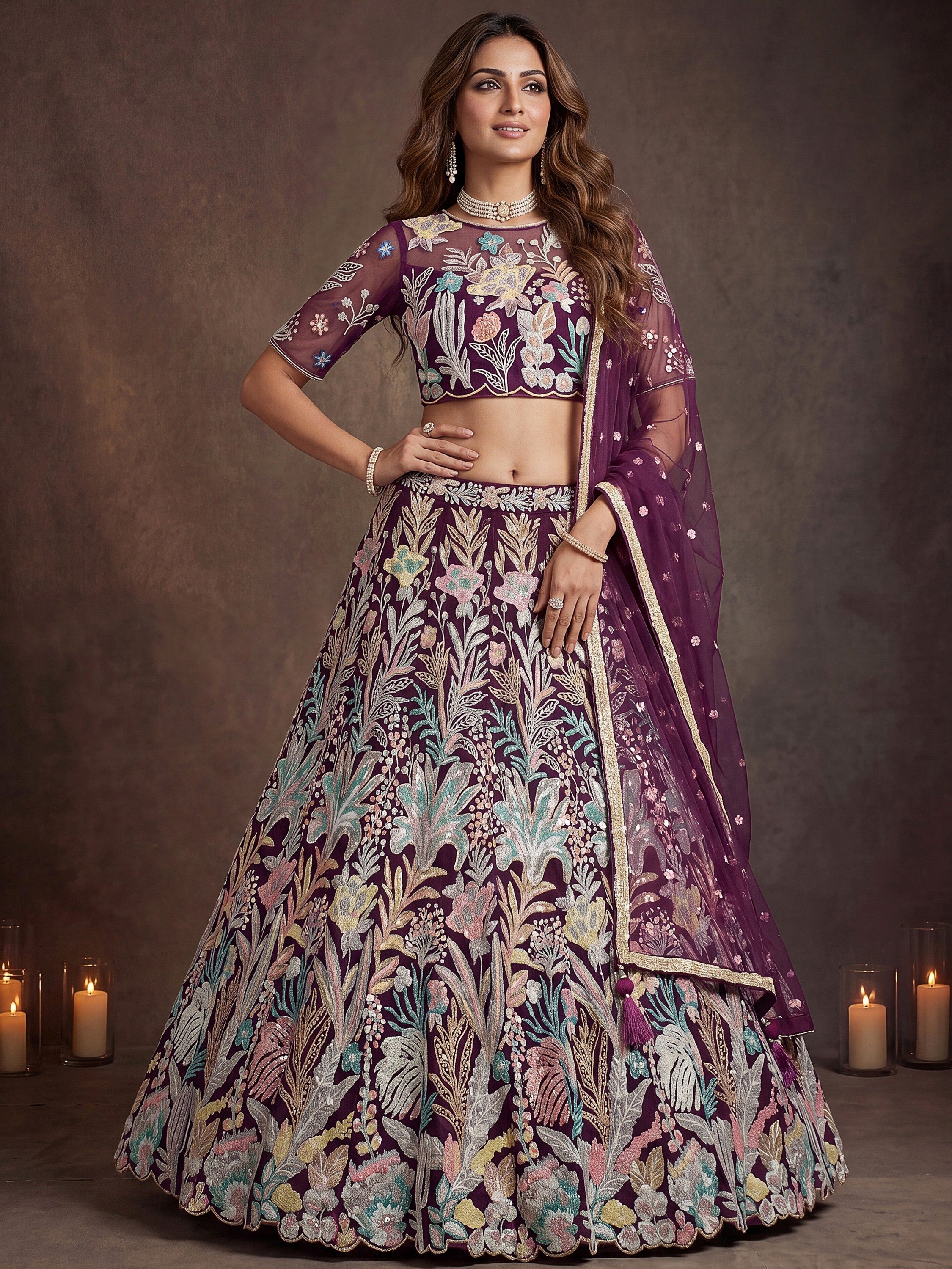 Outstanding Wine Sequins Net Party Wear Plus Size Lehenga Choli
