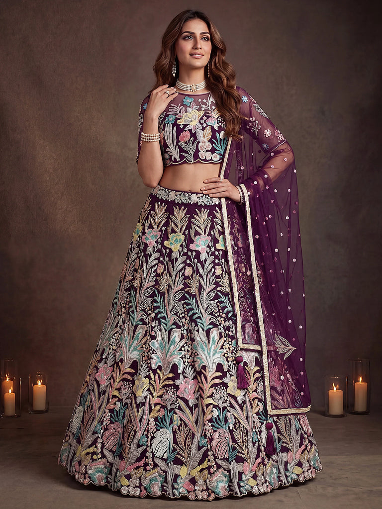 Awesome Wine Sequins Net Reception Wear Lehenga Choli with Dupatta
