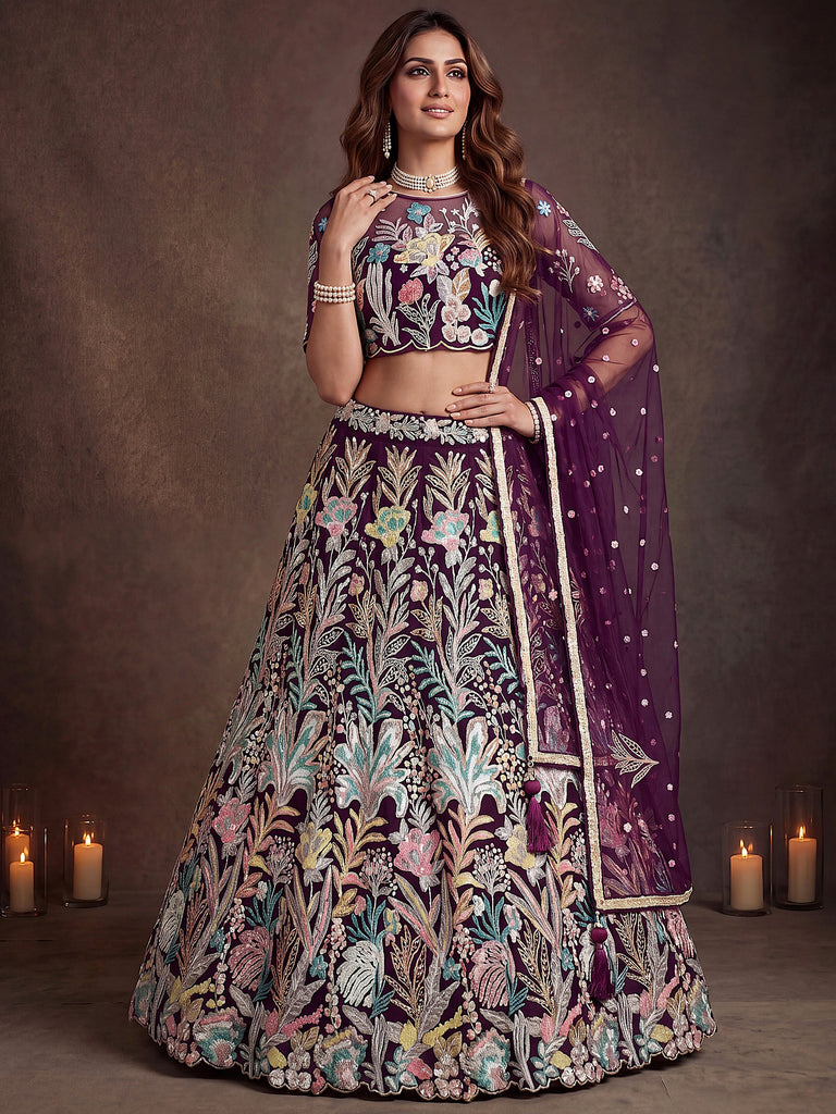 Outstanding Wine Sequins Net Party Wear Plus Size Lehenga Choli