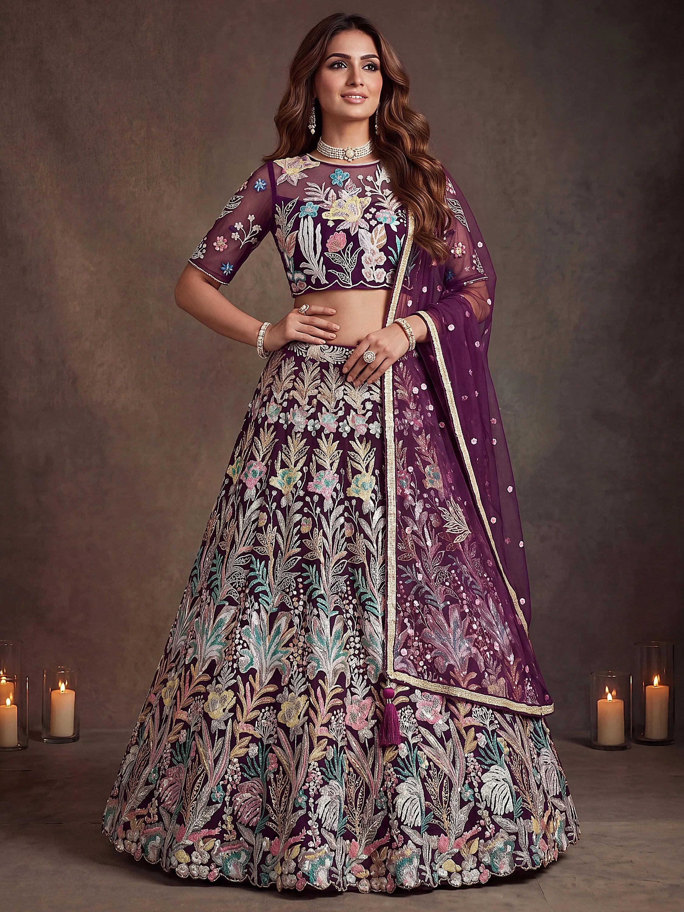 Awesome Wine Sequins Net Reception Wear Lehenga Choli with Dupatta