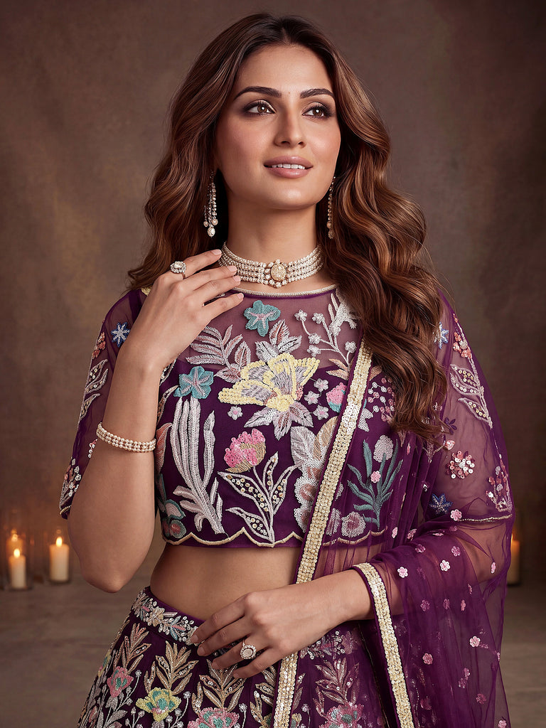 Outstanding Wine Sequins Net Party Wear Plus Size Lehenga Choli