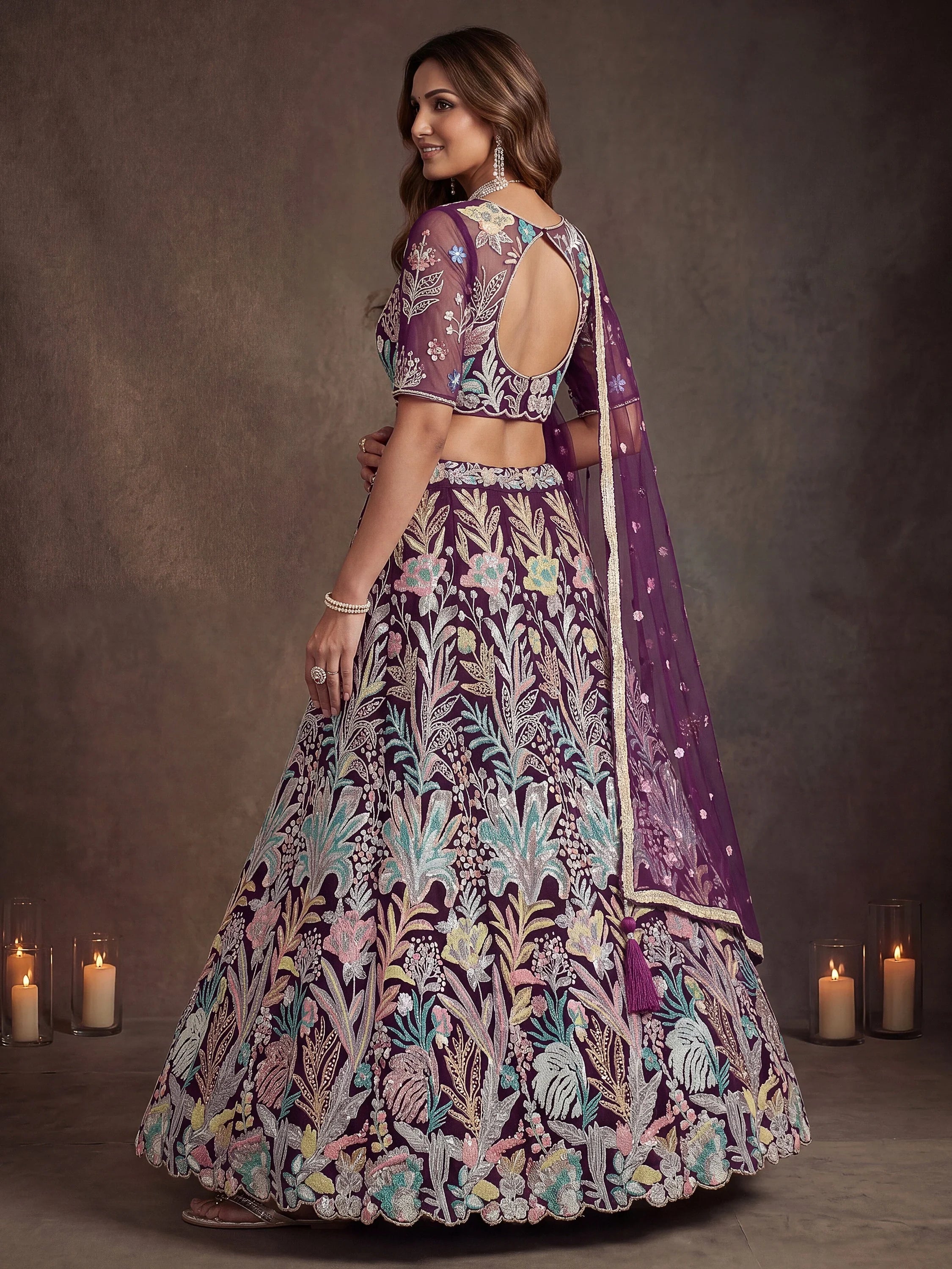 Awesome Wine Sequins Net Reception Wear Lehenga Choli with Dupatta