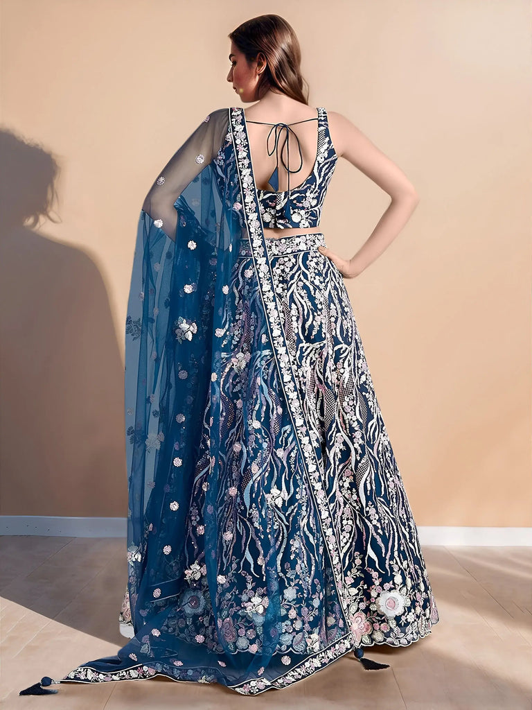 Astonishing Blue Sequins Net Party Wear Lehenga Choli With Dupatta