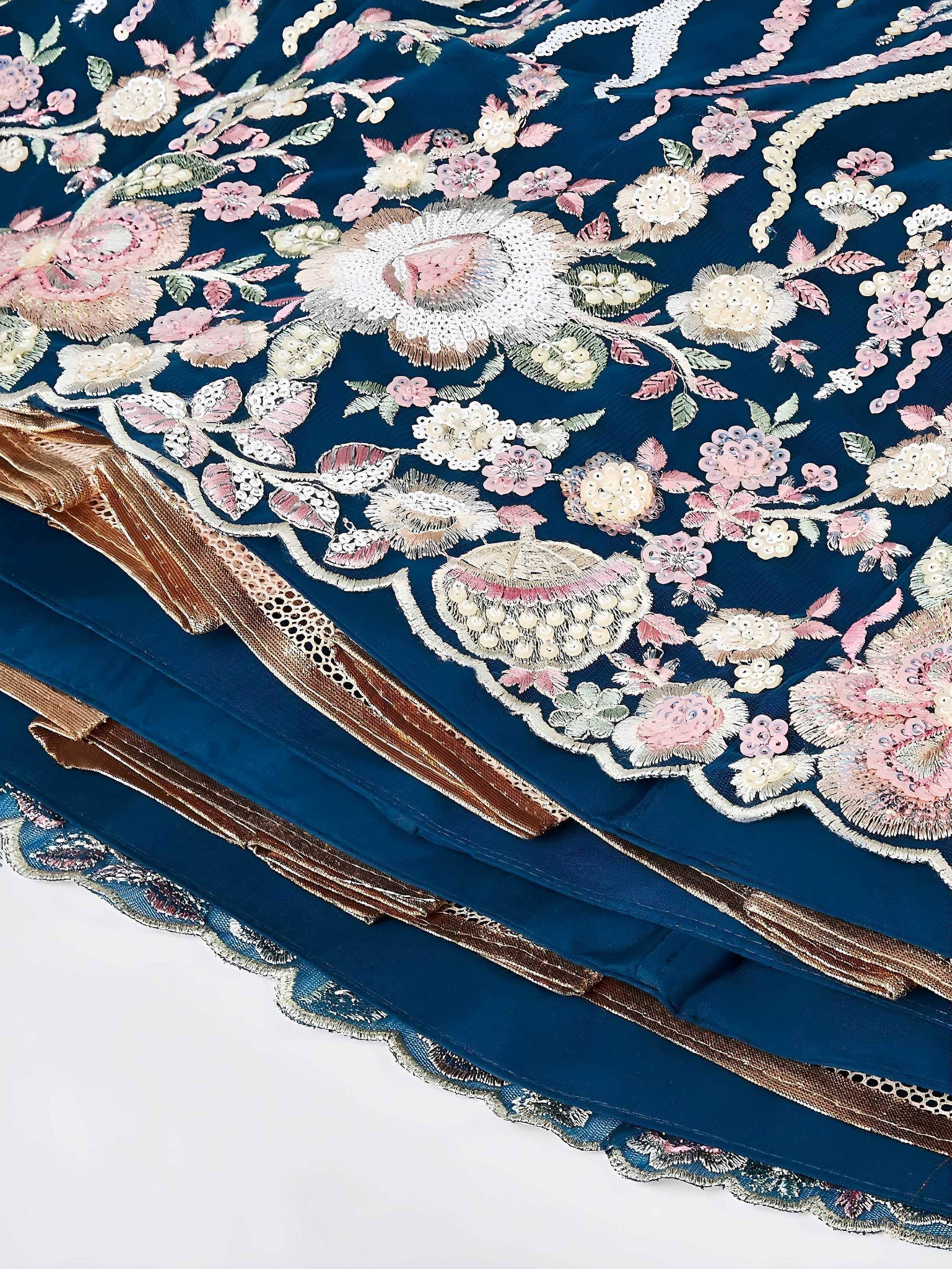 Blue ethnic gown with pink floral embroidery and sequin detailing, perfect for Indian occasions.