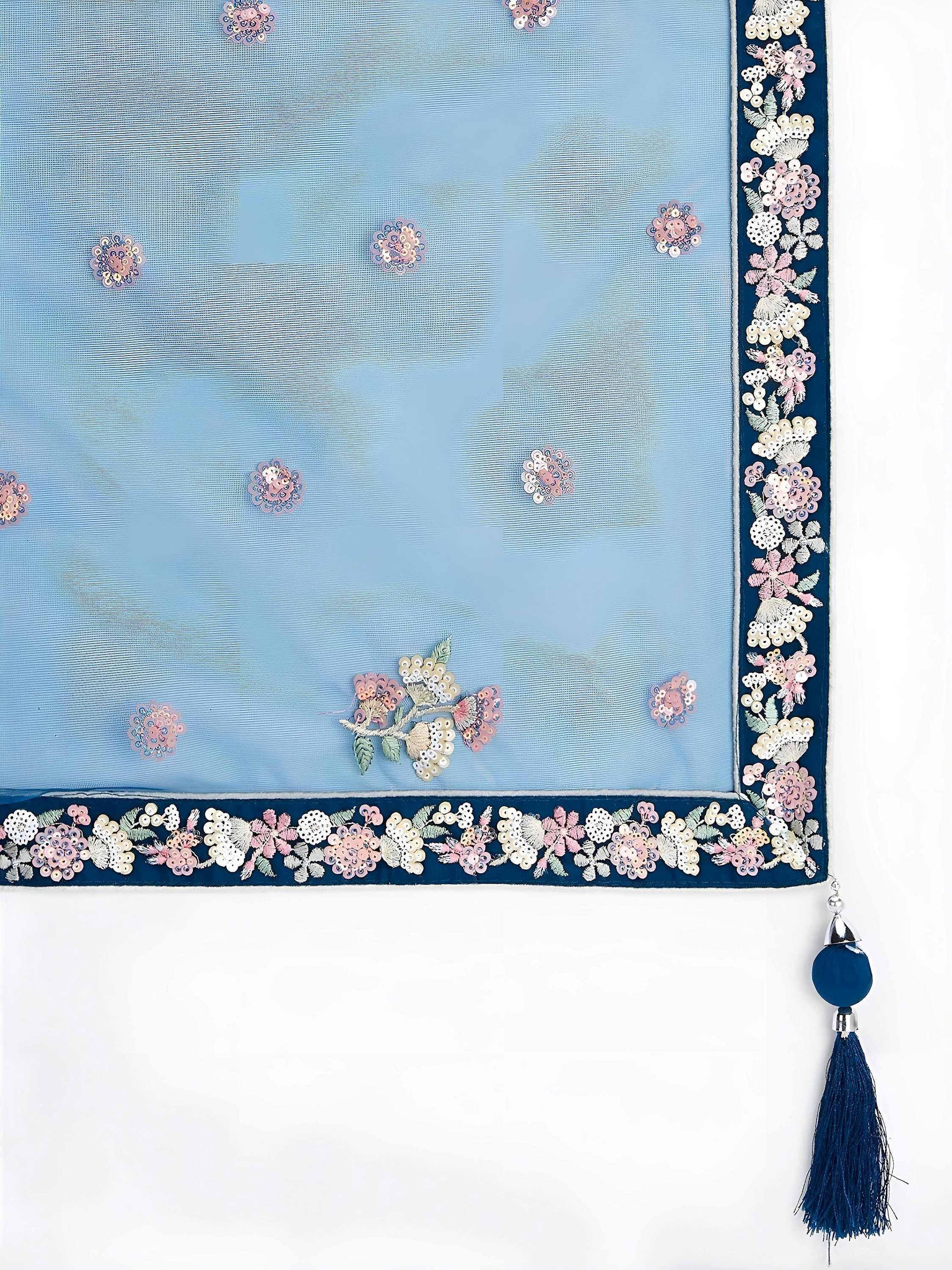 Light blue ethnic dupatta with floral sequin embroidery, navy border, and tassel detail for Indian wear